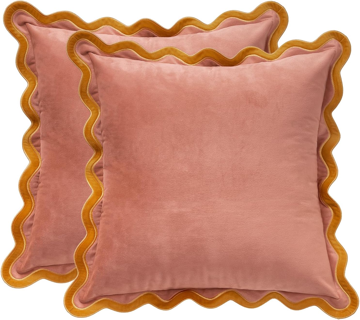 MONDAY MOOSE Decorative Throw Pillow Covers Cushion Cases, Set of 2 Soft Velvet Scalloped Wavy Edge Designs, Mix and Match for Home Decor, Pillow Inserts Not Included (20x20 inch, Pink/Honey)