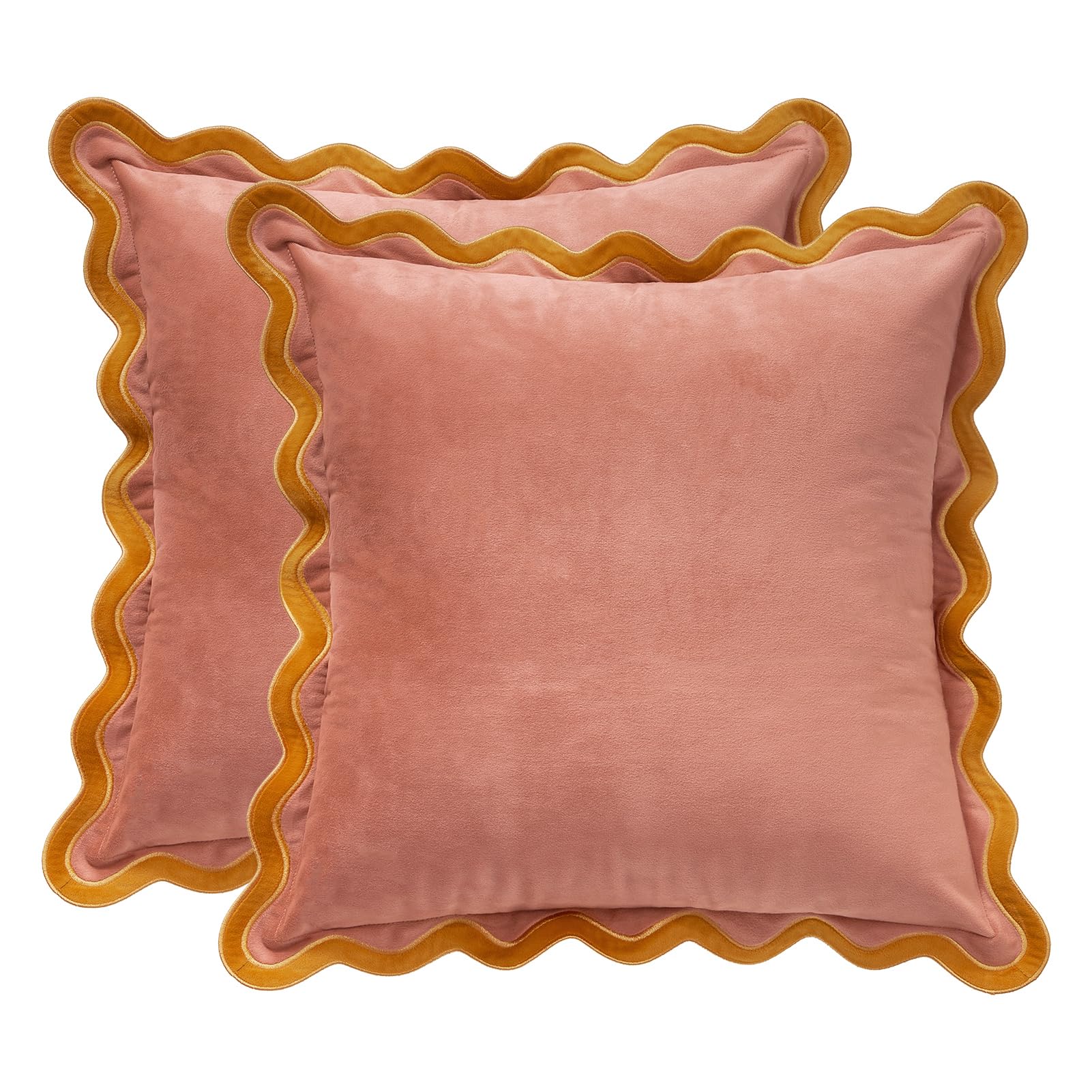 MONDAY MOOSE Decorative Throw Pillow Covers Cushion Cases, Set of 2 Soft Velvet Scalloped Wavy Edge Designs, Mix and Match for Home Decor, Pillow Inserts Not Included (20x20 inch, Pink/Honey)