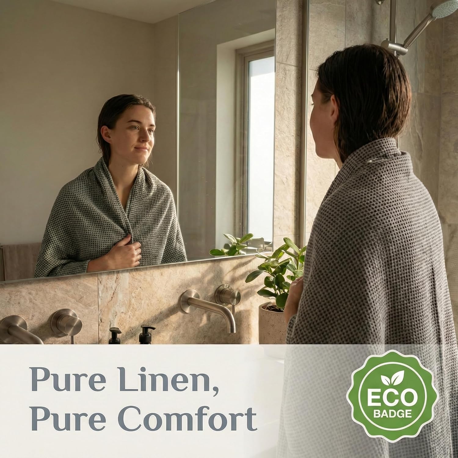 Pure 100% Linen Bath Towel - Quick Dry Towels for Travel Lightweight Waffle Towels for Bathroom 30 x 60-inch - Luxury Black-Natural Thin Hair Towel for Gym or Sauna - Sustainable Bath Sheet
