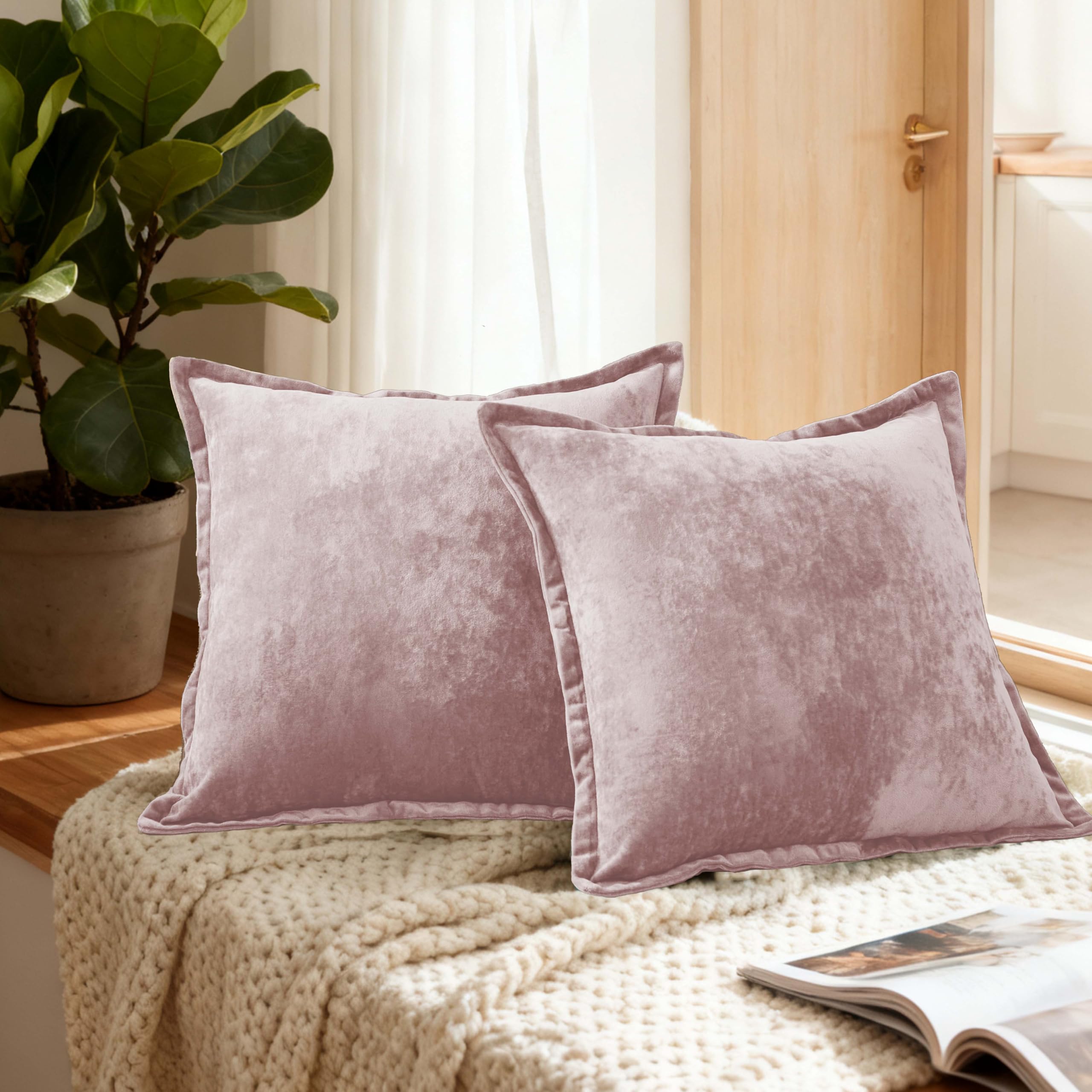 Velvet Pillow Covers 2 Pack Soft 26x26 Pillow Covers Solid Square Euro Shams Decorative Couch Pillow Cases with Wide Border for Sofa Bed Home Decor,Black