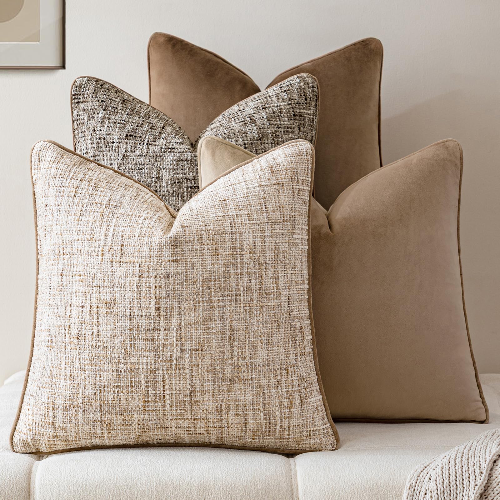 a moment Khaki 4 Pack Throw Pillow Covers - Chenille & Velvet Set with Piping, Farmhouse Textured Design Cushion Cases for Couch Sofa Bed (20x20 Inch, No Insert)