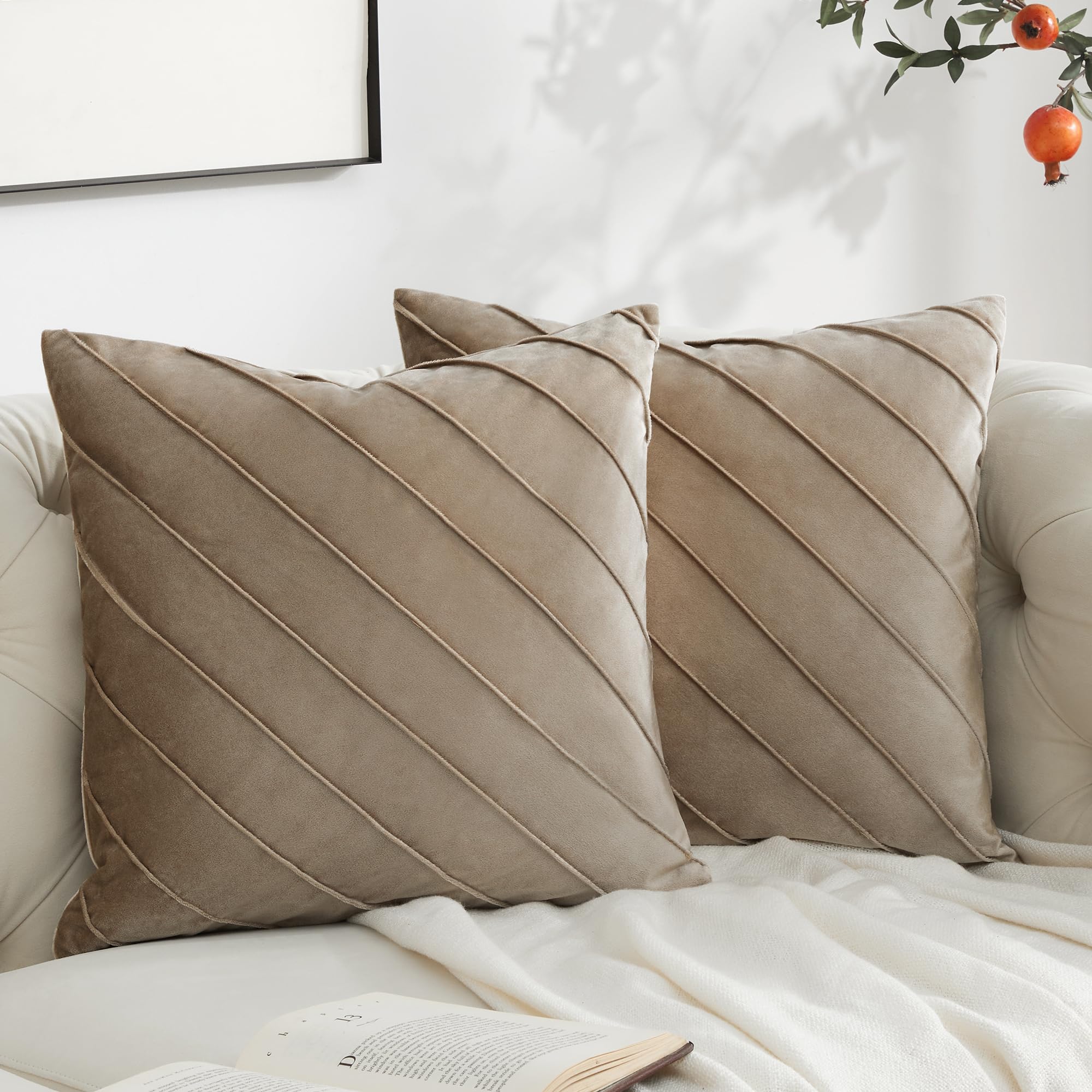 GIGIZAZA Decorative Velvet Pillow Covers 18x18, Set of 2 Gold Sofa Couch Throw Pillows Covers Cases, Living Room Square Cushion Accent Stripe Covers