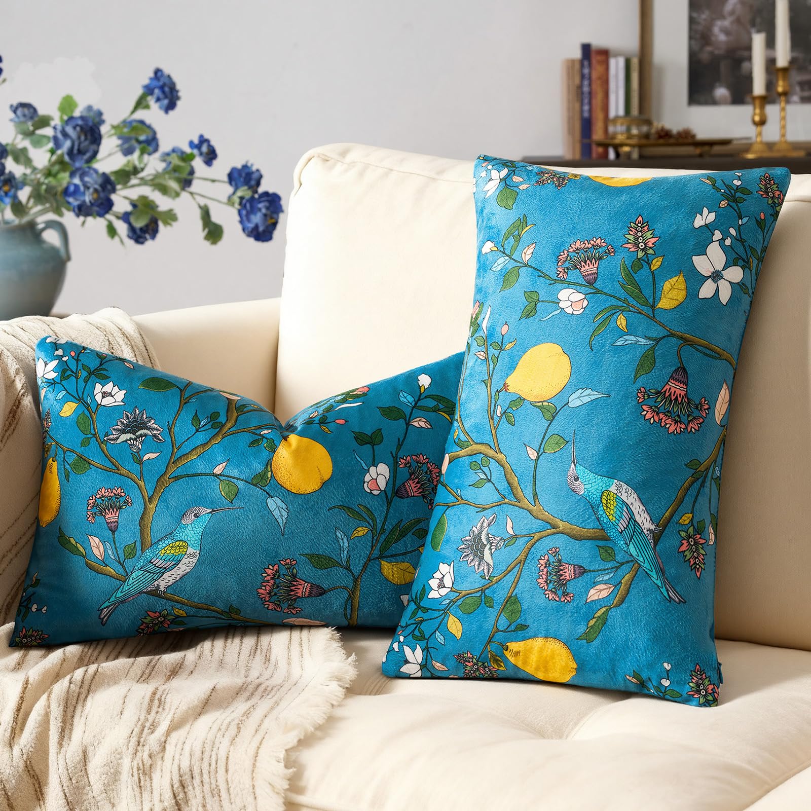 Mustard Yellow Velvet Throw Pillow Covers 20x20 Pack of 2, Vintage Floral Pillow Covers, Mid Century Flower Plant Cushion Covers for Sofa Living Room Home Decor