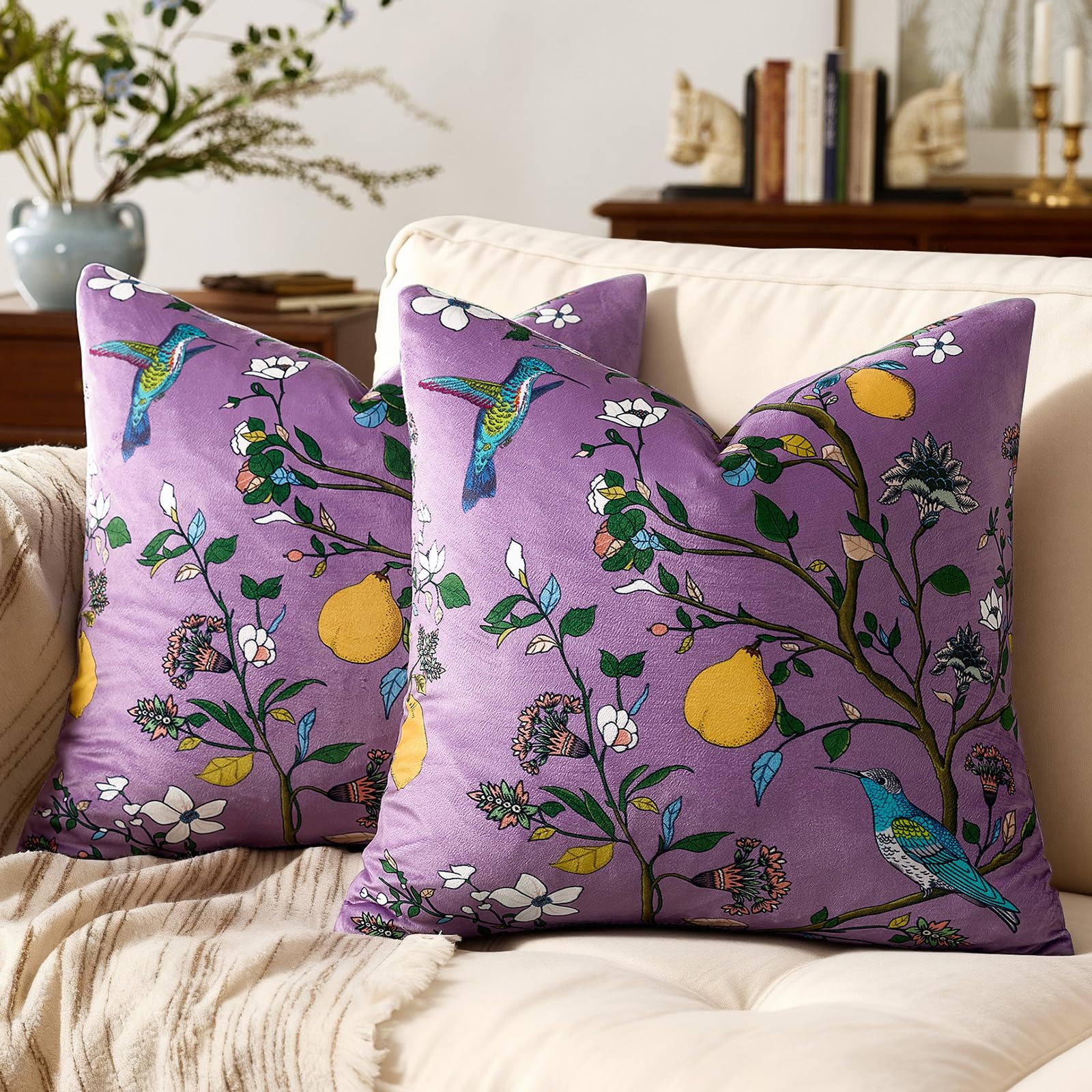 Mustard Yellow Velvet Throw Pillow Covers 20x20 Pack of 2, Vintage Floral Pillow Covers, Mid Century Flower Plant Cushion Covers for Sofa Living Room Home Decor