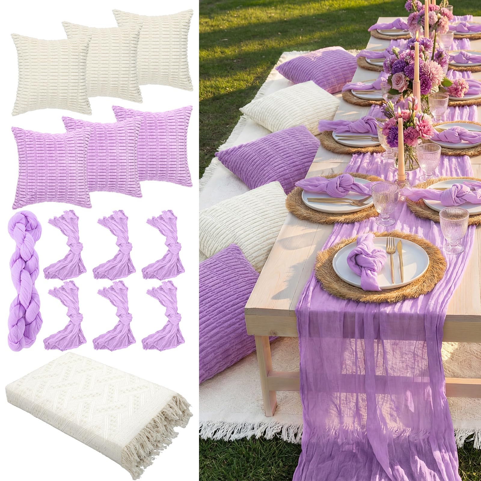 Beeveer 91 x 71 Extra Large Outdoor Boho Picnic Blanket with Pink Table Runner, 12 Throw Pillow Covers 12 Napkins Woven Cotton Yarn Oversize Beach Blanket Washable Picnic Camp Wedding