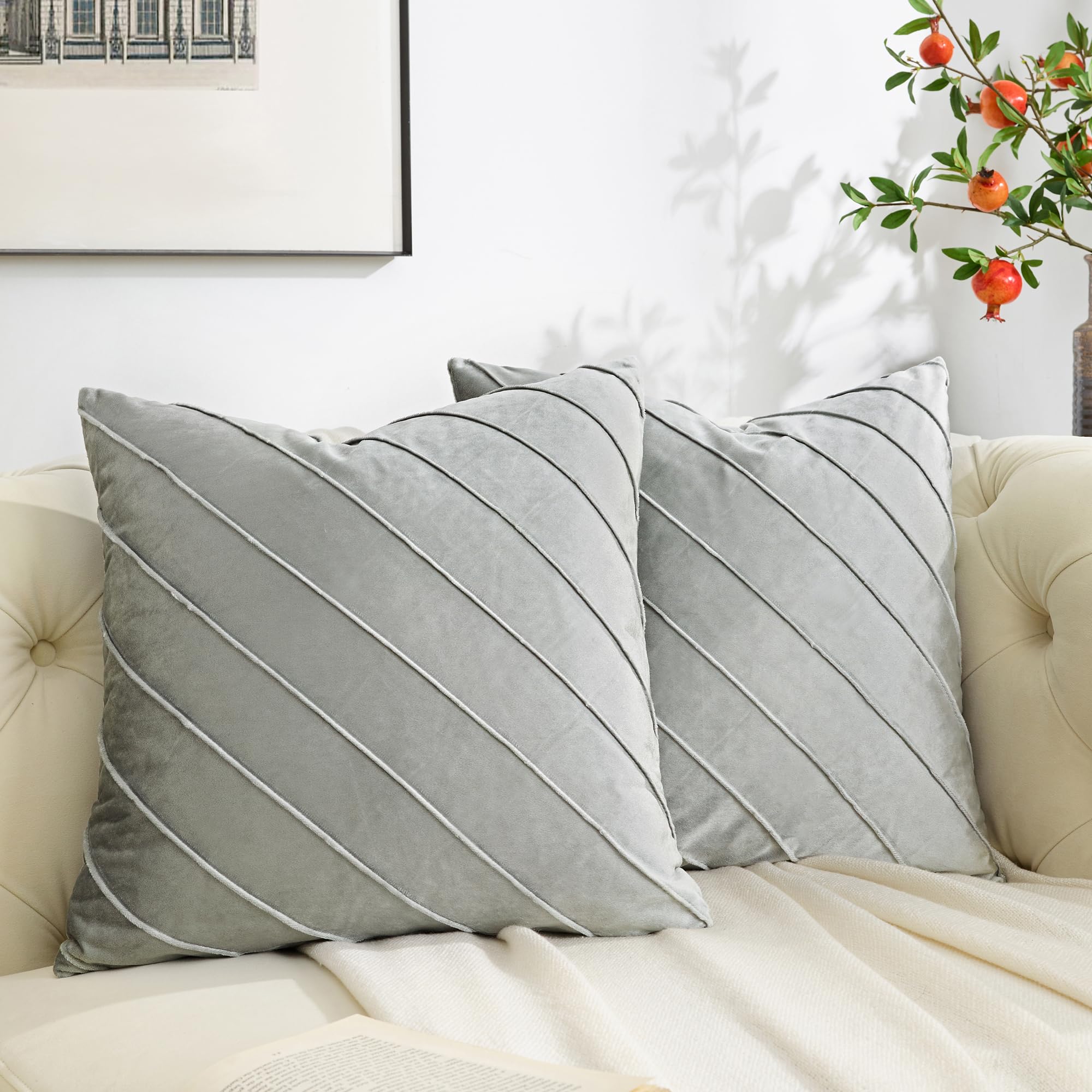 GIGIZAZA Decorative Velvet Pillow Covers 18x18, Set of 2 Gold Sofa Couch Throw Pillows Covers Cases, Living Room Square Cushion Accent Stripe Covers