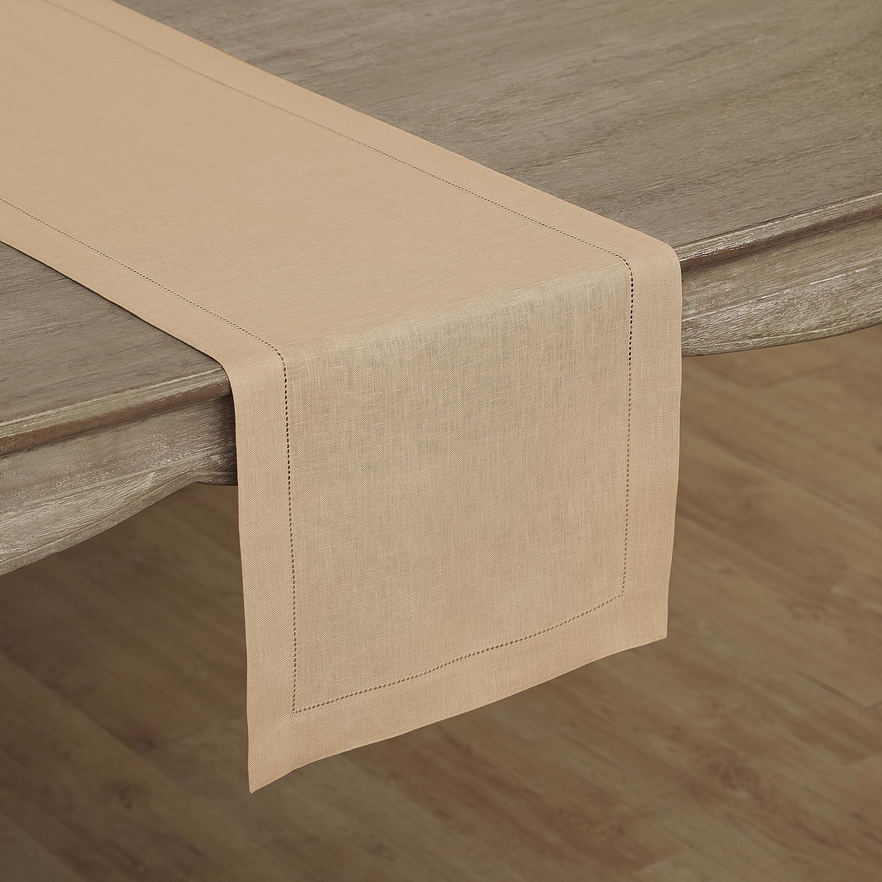 Solino Home Linen Light Natural Table Runner 72 Inches Long - 100% Pure Linen Hemstitch Table Runner 14 x 72 Inch for Dresser, Dining, Spring, Summer - Classic Hemstitch