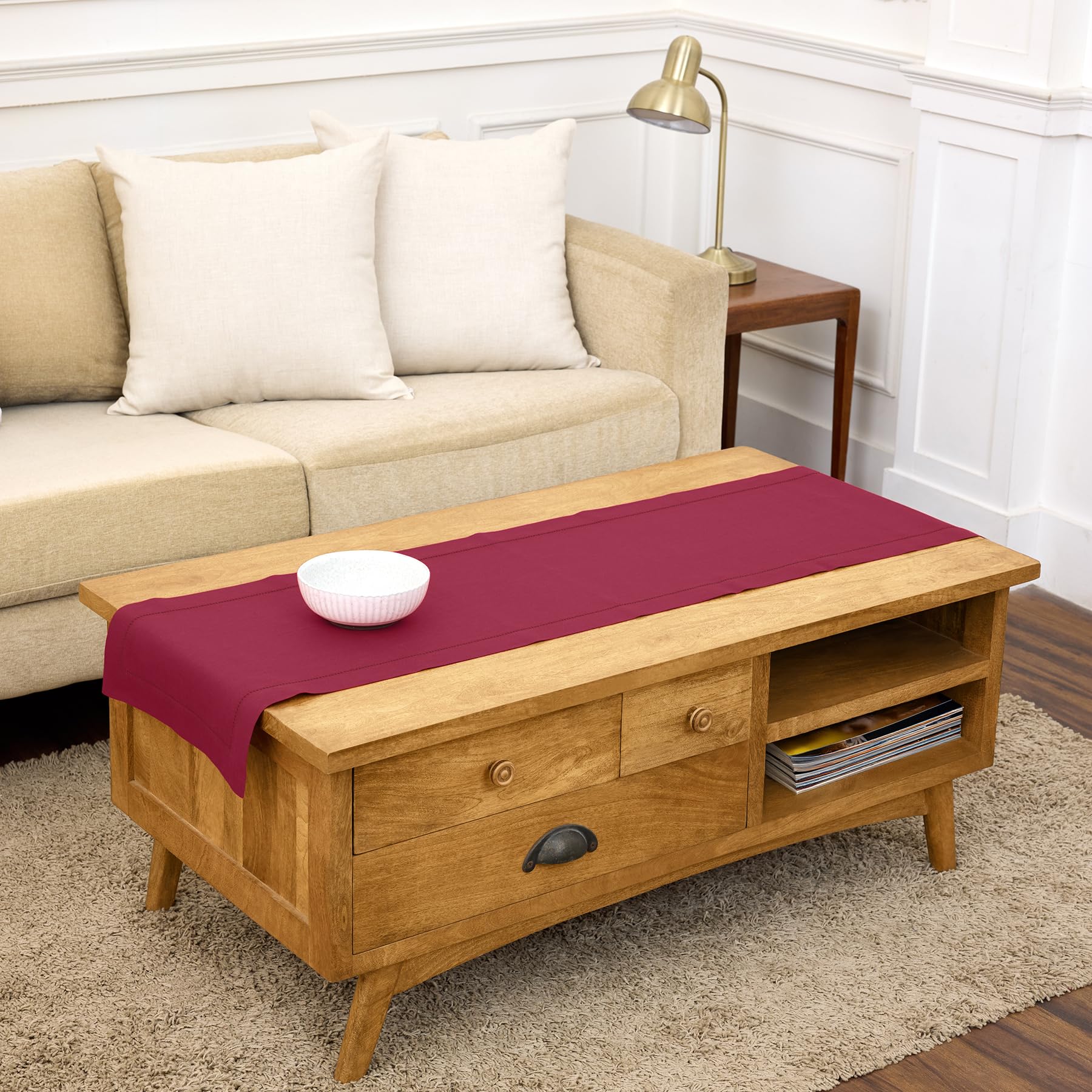 Solino Home Linen Light Natural Table Runner 72 Inches Long - 100% Pure Linen Hemstitch Table Runner 14 x 72 Inch for Dresser, Dining, Spring, Summer - Classic Hemstitch