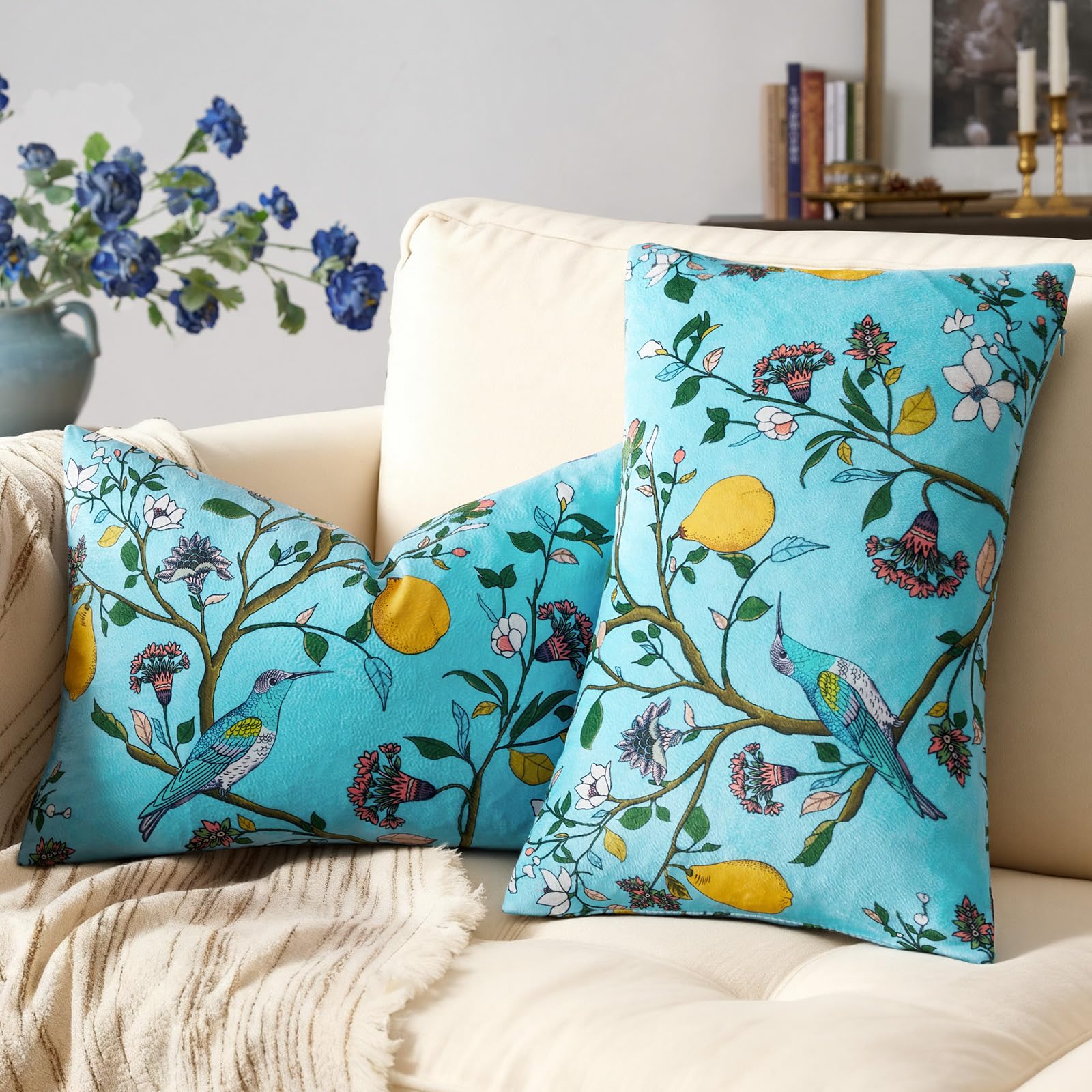 Mustard Yellow Velvet Throw Pillow Covers 20x20 Pack of 2, Vintage Floral Pillow Covers, Mid Century Flower Plant Cushion Covers for Sofa Living Room Home Decor