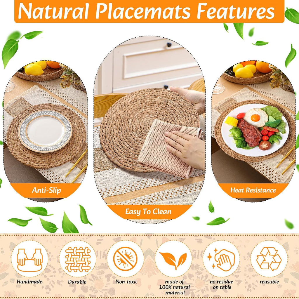 Boho Placemats 4/6/8 Set of Round Woven Placemat Macrame Style Bicolor Stitching Long Table Runner Farmhouse Rustic Natural Burlap Cotton for Kitchen Dining Table(6 Sets,Brown,12x72)