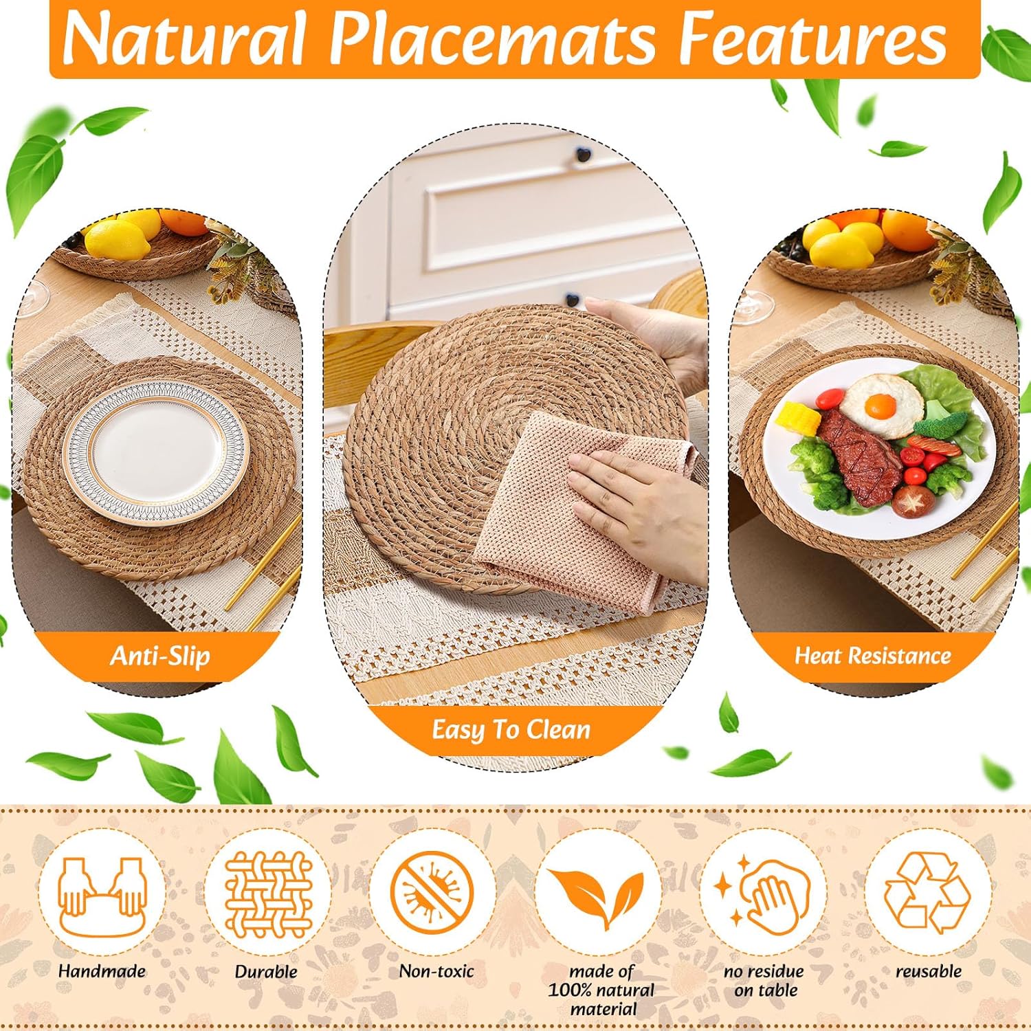 Boho Placemats 4/6/8 Set of Round Woven Placemat Macrame Style Bicolor Stitching Long Table Runner Farmhouse Rustic Natural Burlap Cotton for Kitchen Dining Table(6 Sets,Brown,12x72)