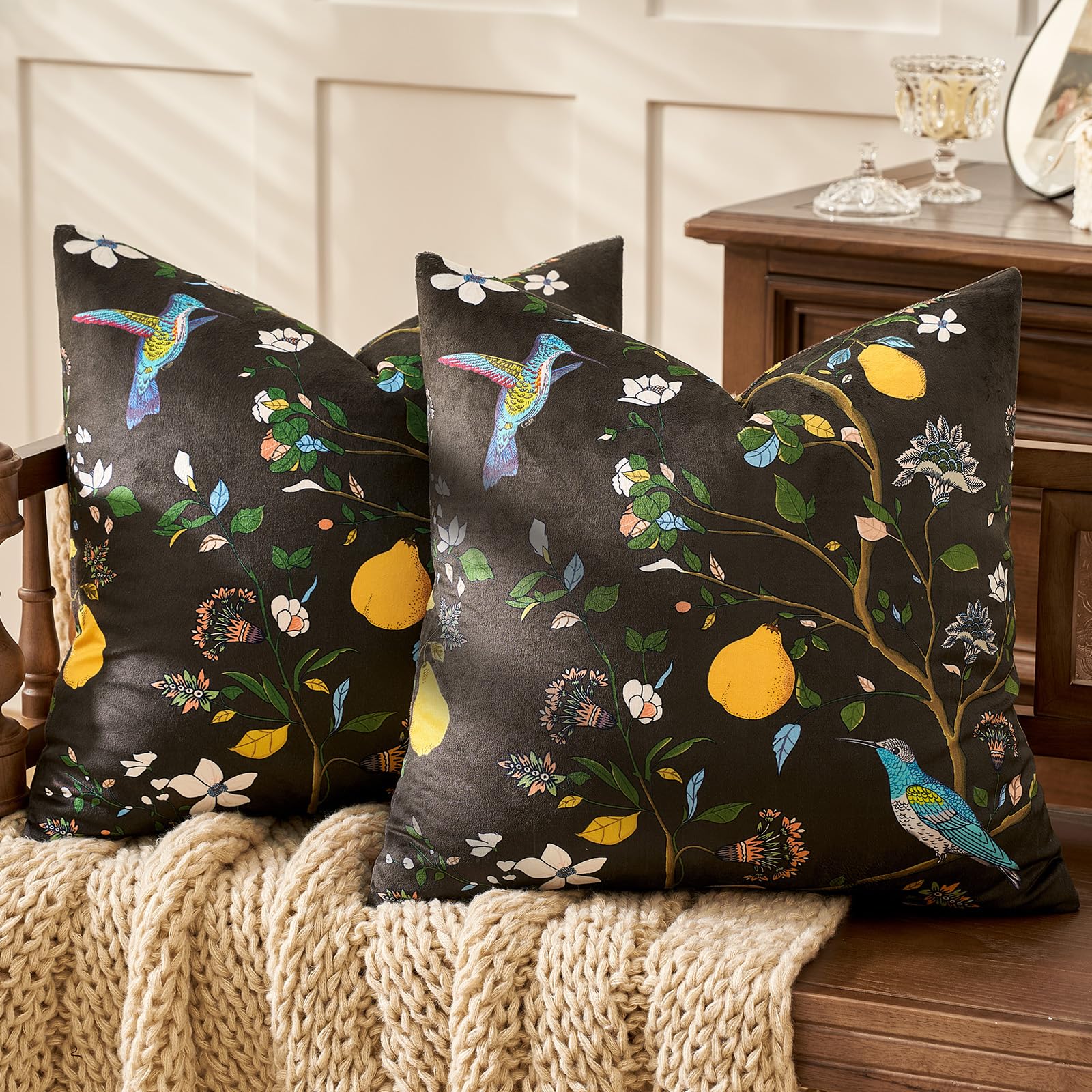 Mustard Yellow Velvet Throw Pillow Covers 20x20 Pack of 2, Vintage Floral Pillow Covers, Mid Century Flower Plant Cushion Covers for Sofa Living Room Home Decor
