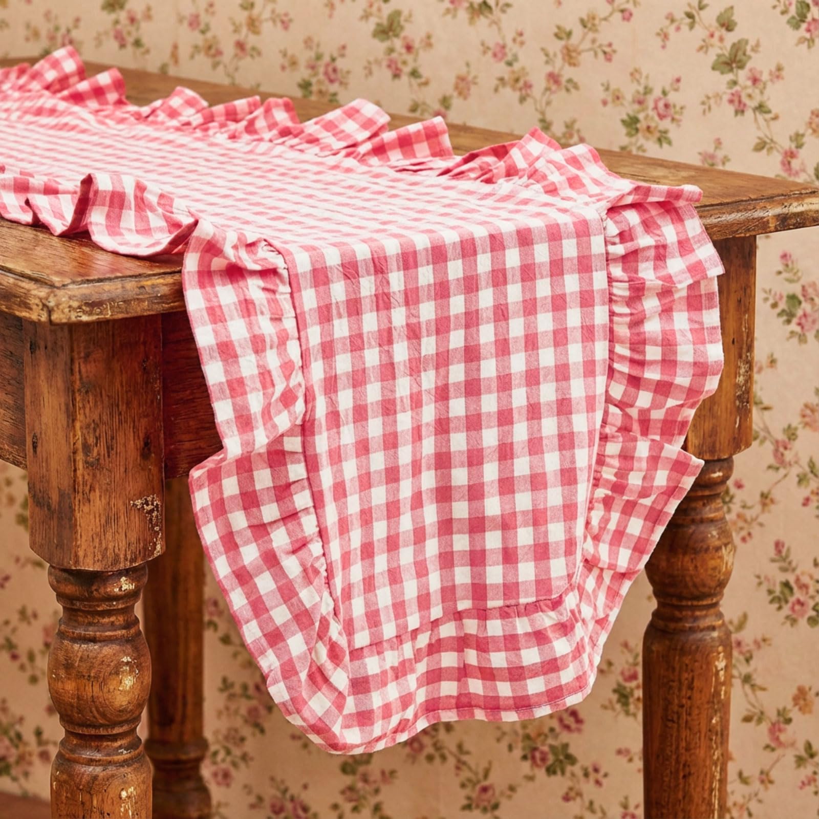 HunnmingRe 1 Pcs Blue Plaid Gingham Ruffle Table Runner 118 x 13.8'' Farmhouse Table Runner 100% Cotton Scalloped Long Dresser Scarves for Dining Room, Wedding, Kitchen Rustic Home Decor