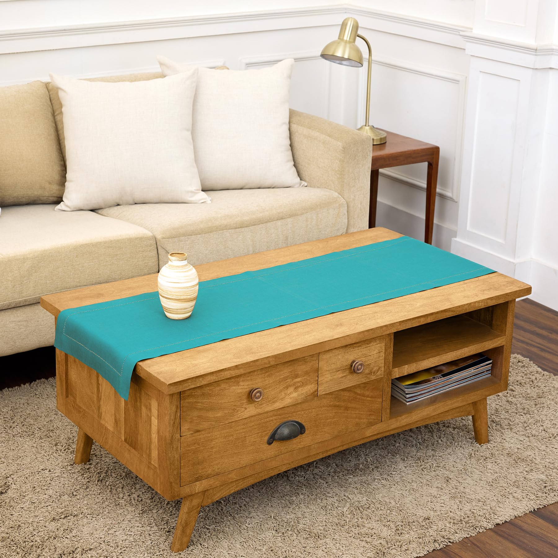 Solino Home Linen Light Natural Table Runner 72 Inches Long - 100% Pure Linen Hemstitch Table Runner 14 x 72 Inch for Dresser, Dining, Spring, Summer - Classic Hemstitch