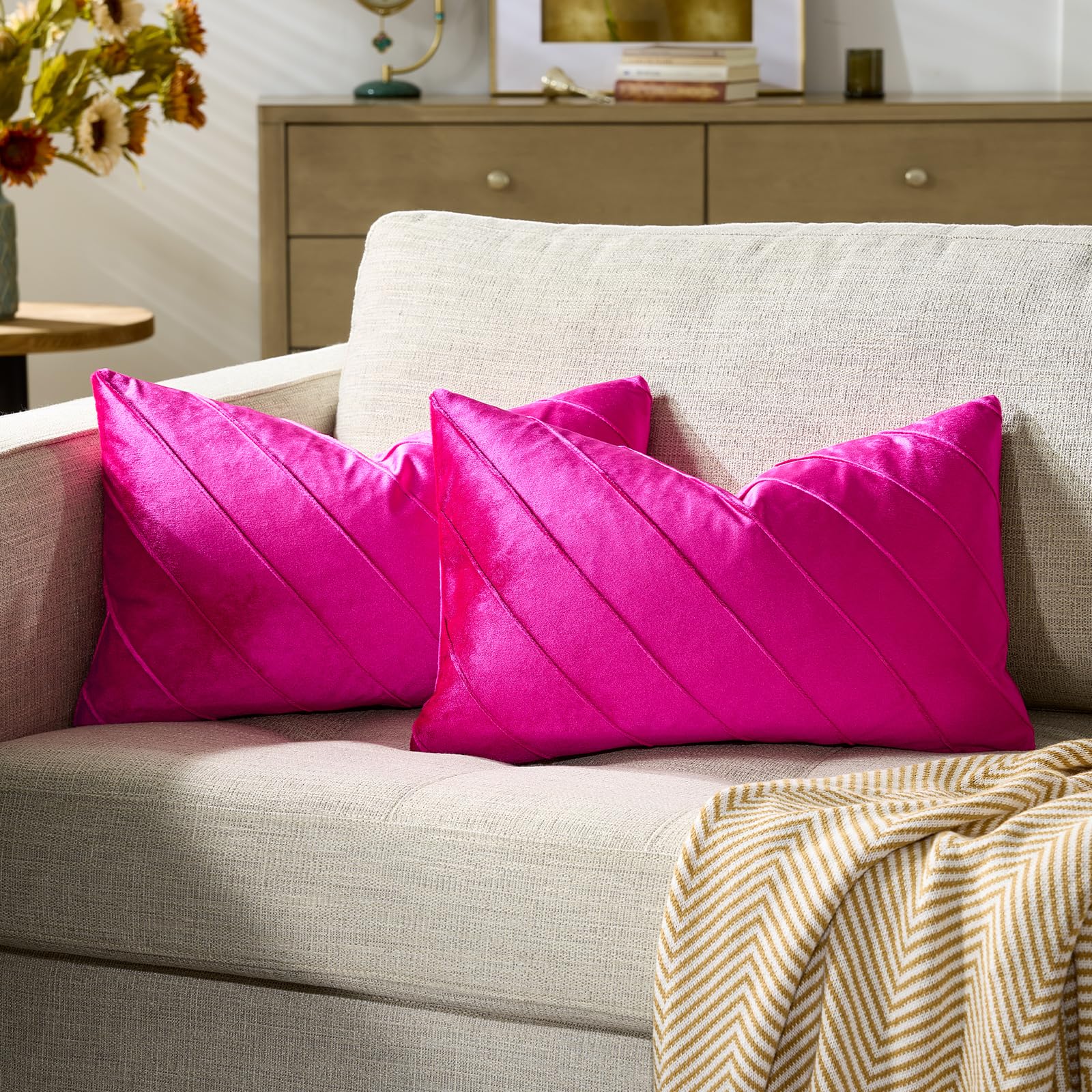 GIGIZAZA Decorative Velvet Pillow Covers 18x18, Set of 2 Gold Sofa Couch Throw Pillows Covers Cases, Living Room Square Cushion Accent Stripe Covers