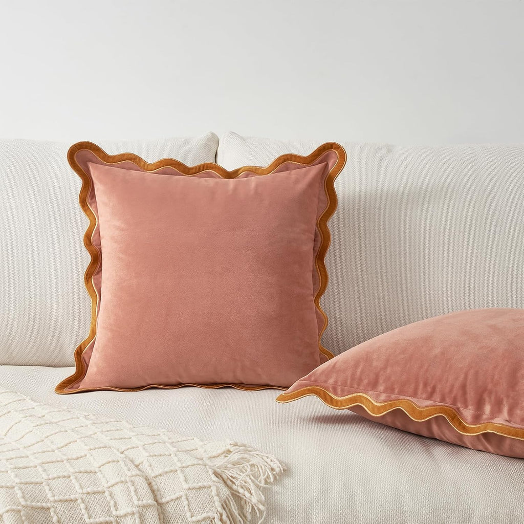 MONDAY MOOSE Decorative Throw Pillow Covers Cushion Cases, Set of 2 Soft Velvet Scalloped Wavy Edge Designs, Mix and Match for Home Decor, Pillow Inserts Not Included (20x20 inch, Pink/Honey)