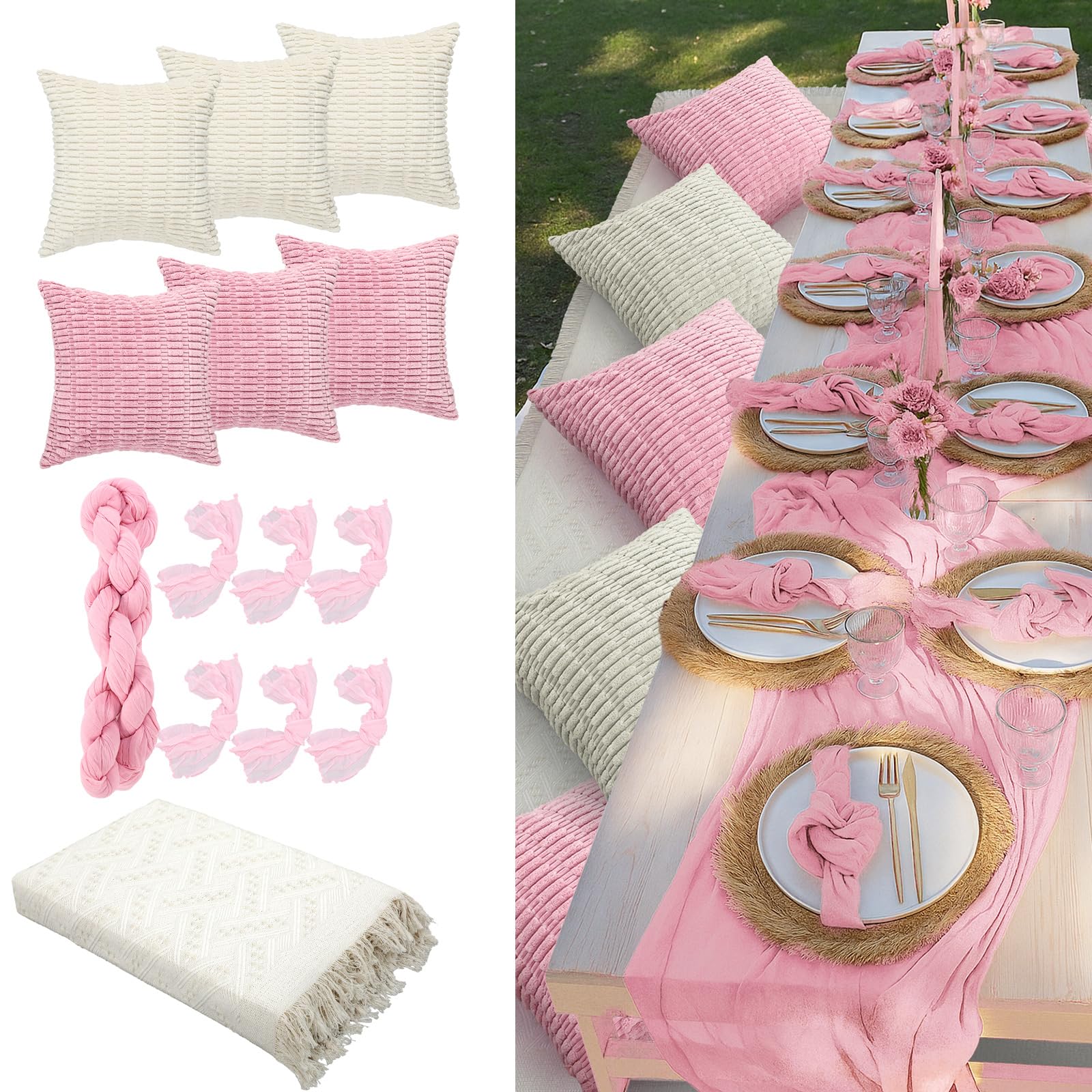 Beeveer 91 x 71 Extra Large Outdoor Boho Picnic Blanket with Pink Table Runner, 12 Throw Pillow Covers 12 Napkins Woven Cotton Yarn Oversize Beach Blanket Washable Picnic Camp Wedding