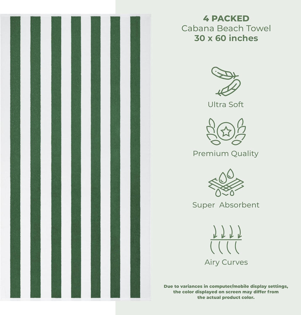 American Soft Linen Cabana Striped Beach Towels, 30x60 inch 4 Piece Oversize Pool Towels, Quick Drying Sand Free Swim Towels, Sage Green