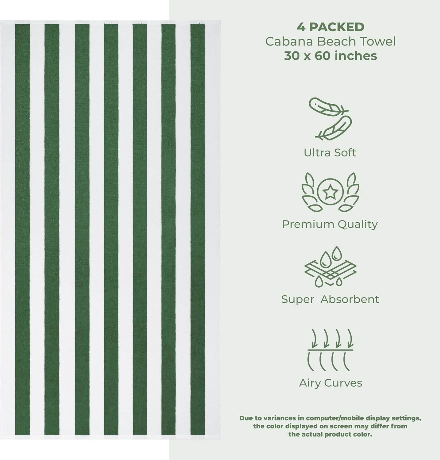 American Soft Linen Cabana Striped Beach Towels, 30x60 inch 4 Piece Oversize Pool Towels, Quick Drying Sand Free Swim Towels, Sage Green