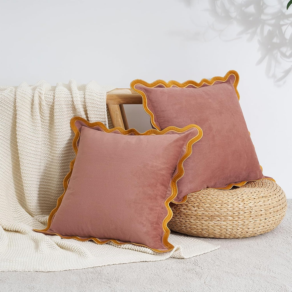 MONDAY MOOSE Decorative Throw Pillow Covers Cushion Cases, Set of 2 Soft Velvet Scalloped Wavy Edge Designs, Mix and Match for Home Decor, Pillow Inserts Not Included (20x20 inch, Pink/Honey)