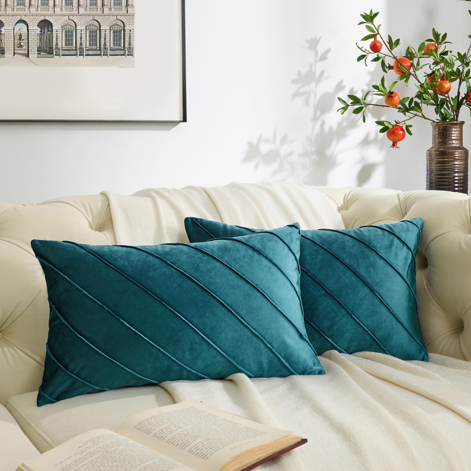 GIGIZAZA Decorative Velvet Pillow Covers 18x18, Set of 2 Gold Sofa Couch Throw Pillows Covers Cases, Living Room Square Cushion Accent Stripe Covers