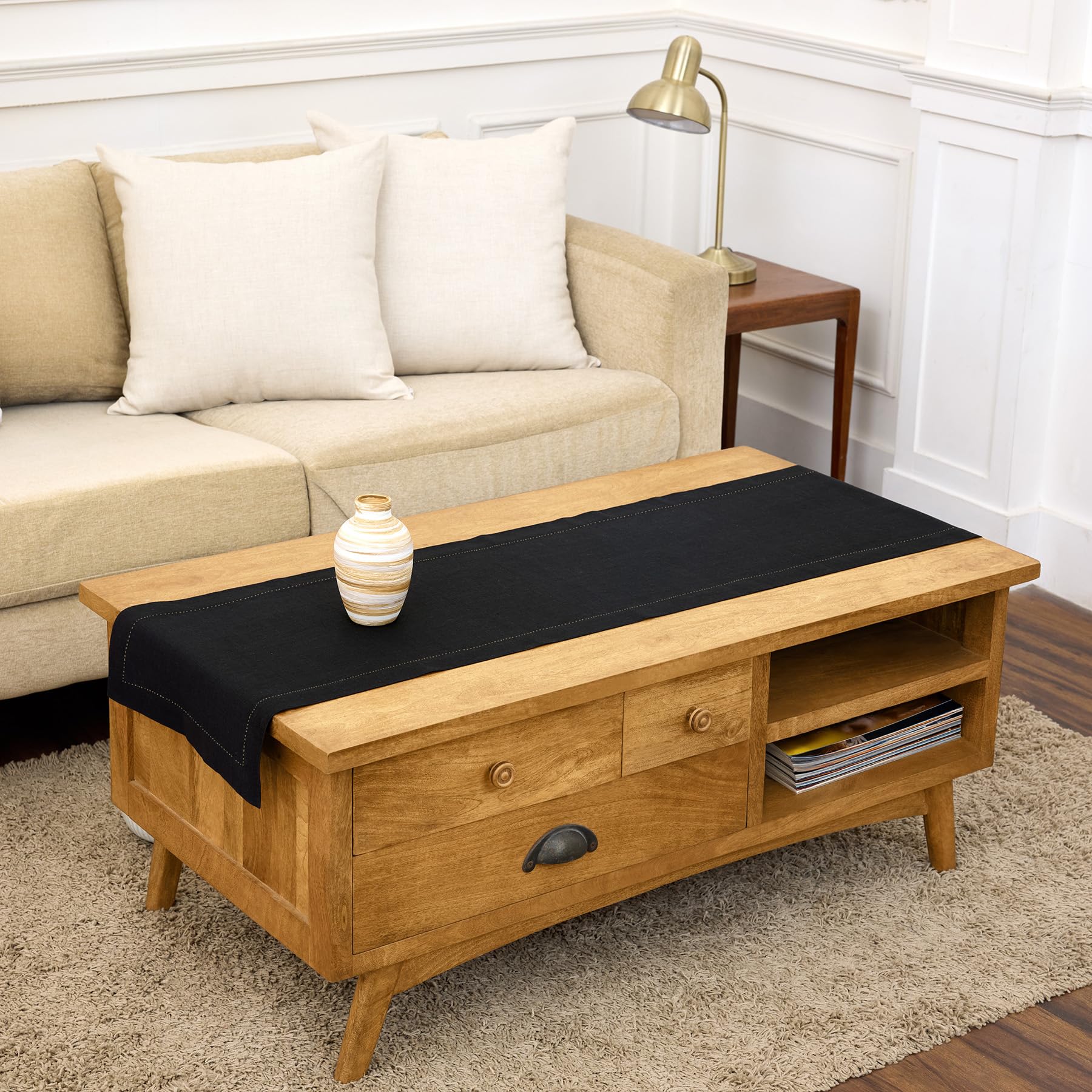 Solino Home Linen Light Natural Table Runner 72 Inches Long - 100% Pure Linen Hemstitch Table Runner 14 x 72 Inch for Dresser, Dining, Spring, Summer - Classic Hemstitch