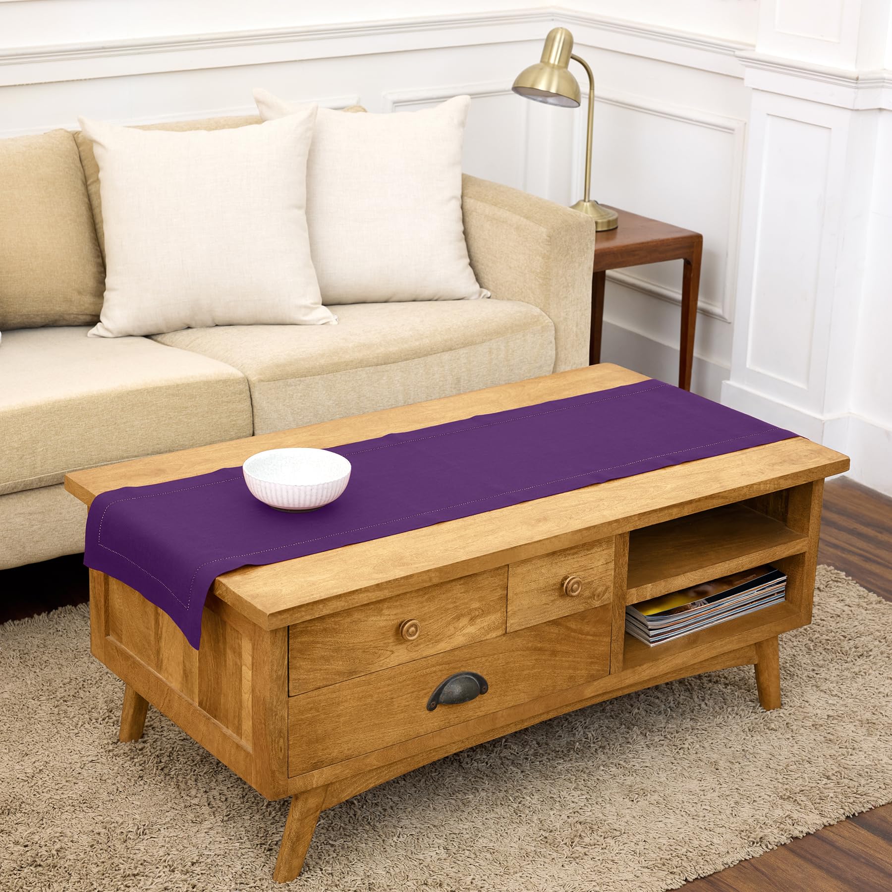 Solino Home Linen Light Natural Table Runner 72 Inches Long - 100% Pure Linen Hemstitch Table Runner 14 x 72 Inch for Dresser, Dining, Spring, Summer - Classic Hemstitch