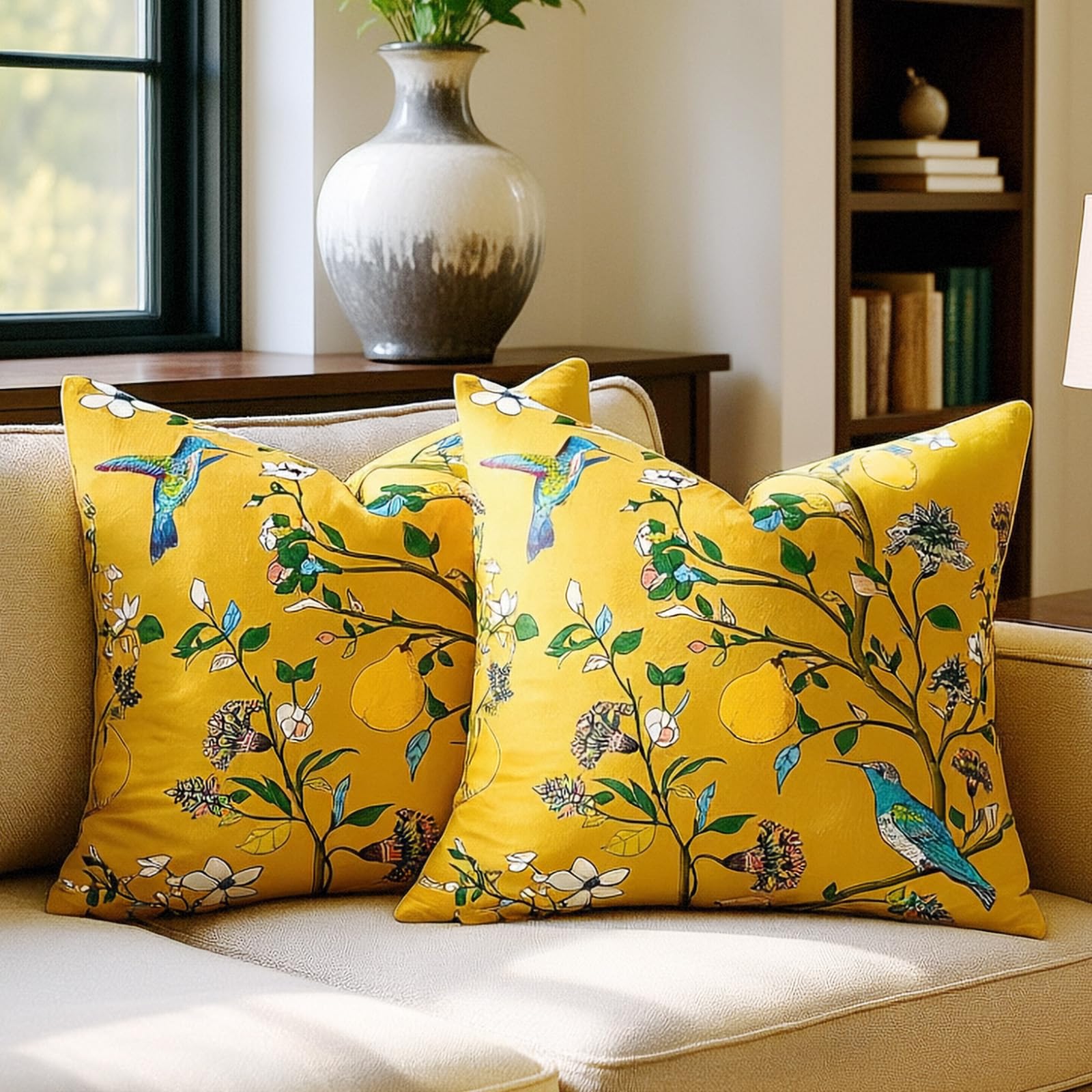 Mustard Yellow Velvet Throw Pillow Covers 20x20 Pack of 2, Vintage Floral Pillow Covers, Mid Century Flower Plant Cushion Covers for Sofa Living Room Home Decor