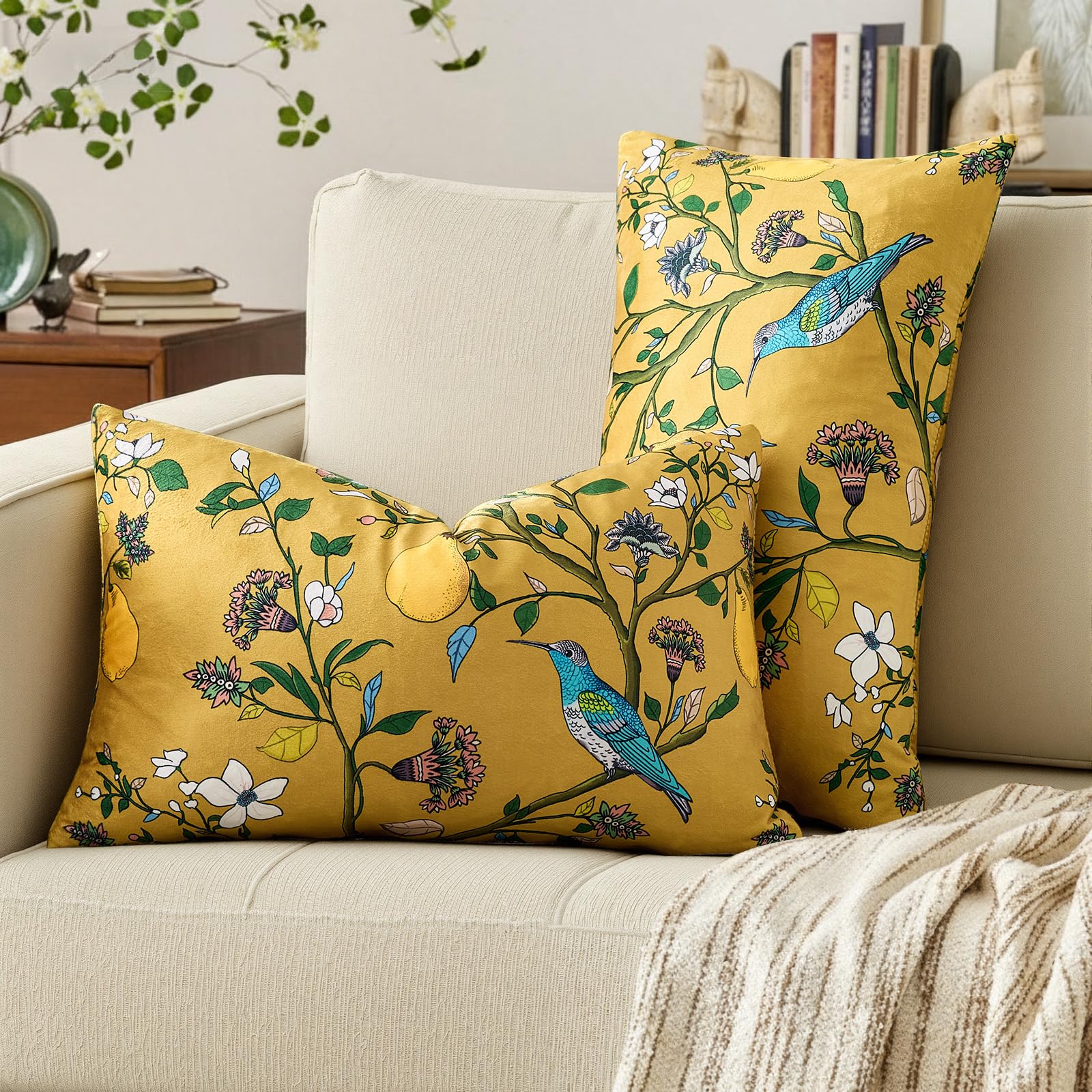 Mustard Yellow Velvet Throw Pillow Covers 20x20 Pack of 2, Vintage Floral Pillow Covers, Mid Century Flower Plant Cushion Covers for Sofa Living Room Home Decor