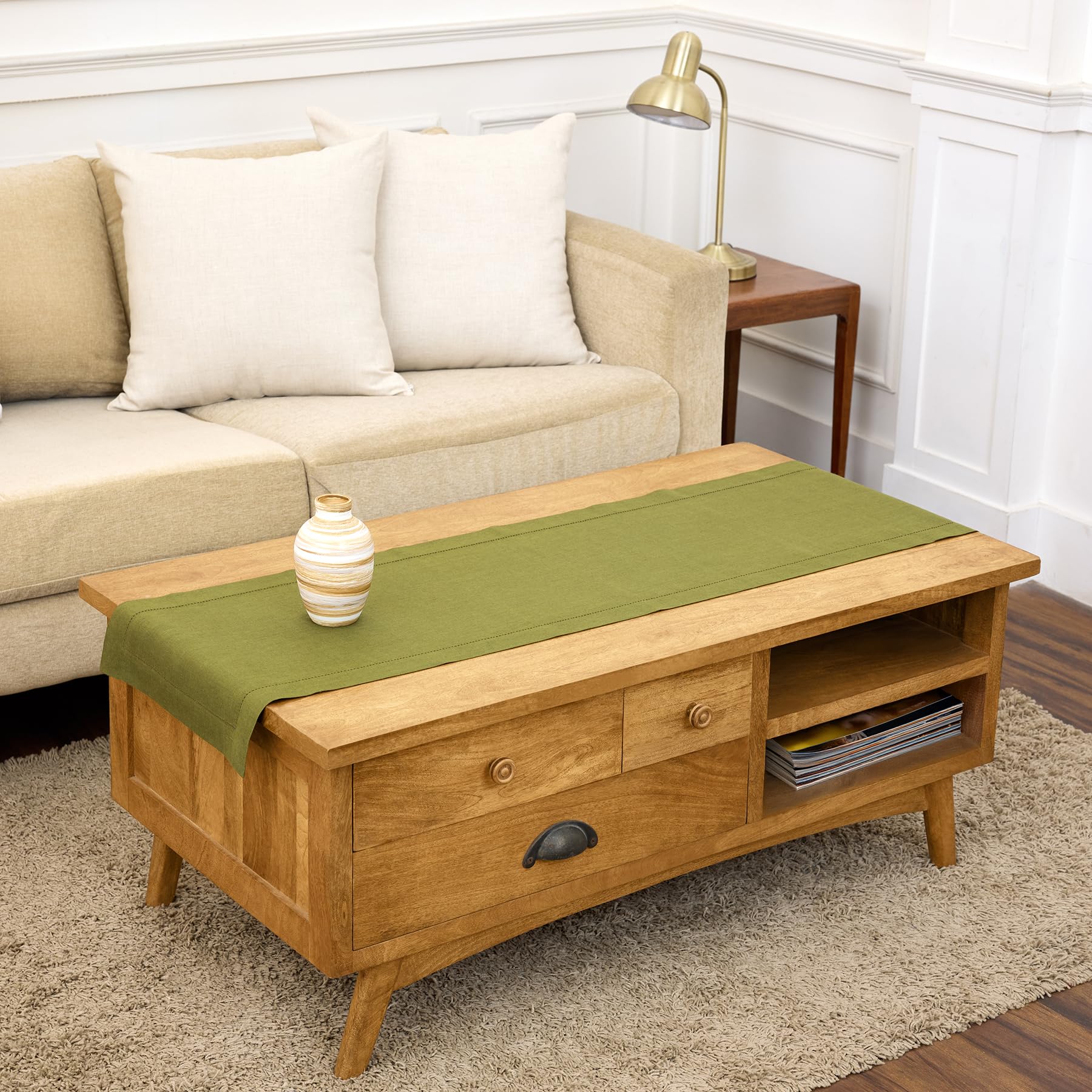 Solino Home Linen Light Natural Table Runner 72 Inches Long - 100% Pure Linen Hemstitch Table Runner 14 x 72 Inch for Dresser, Dining, Spring, Summer - Classic Hemstitch