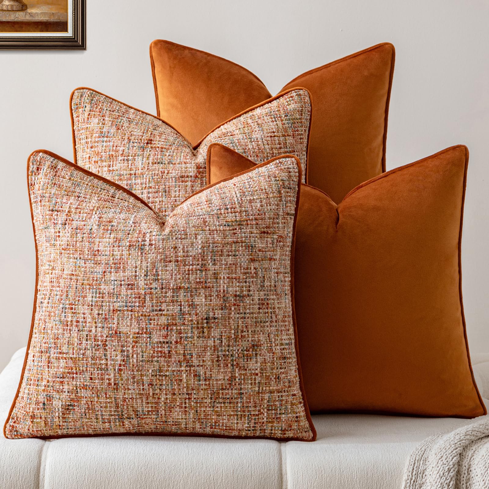 a moment Khaki 4 Pack Throw Pillow Covers - Chenille & Velvet Set with Piping, Farmhouse Textured Design Cushion Cases for Couch Sofa Bed (20x20 Inch, No Insert)