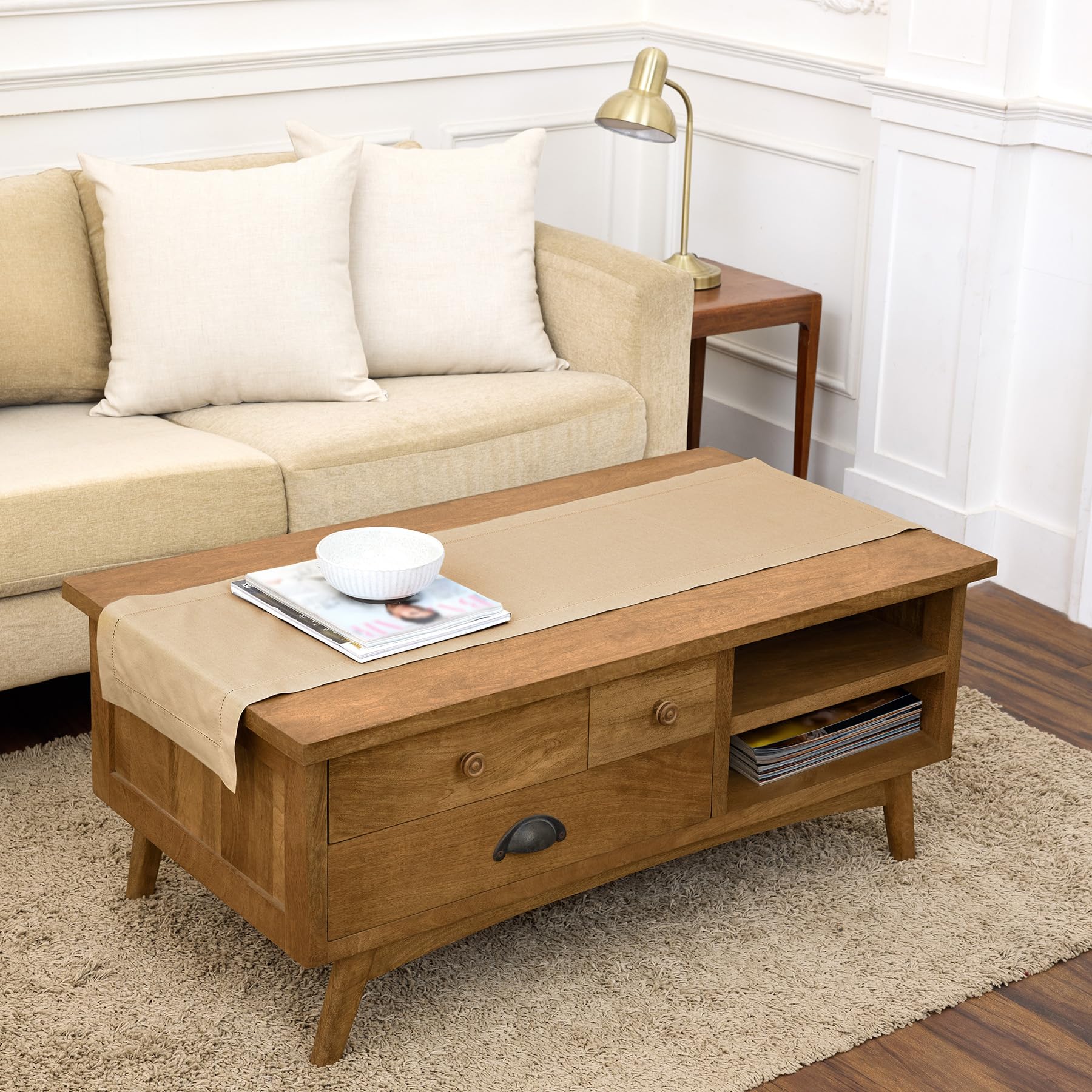 Solino Home Linen Light Natural Table Runner 72 Inches Long - 100% Pure Linen Hemstitch Table Runner 14 x 72 Inch for Dresser, Dining, Spring, Summer - Classic Hemstitch
