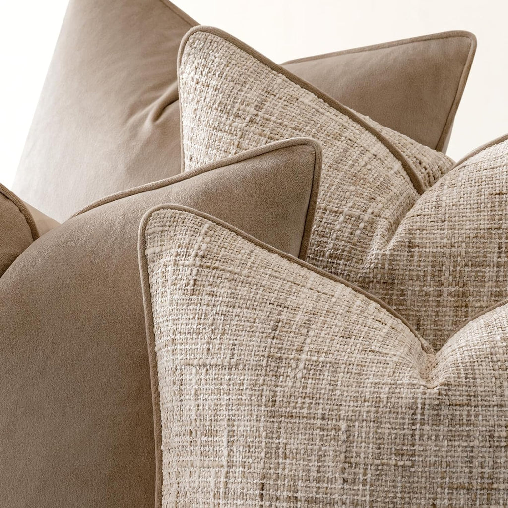a moment Khaki 4 Pack Throw Pillow Covers - Chenille & Velvet Set with Piping, Farmhouse Textured Design Cushion Cases for Couch Sofa Bed (20x20 Inch, No Insert)