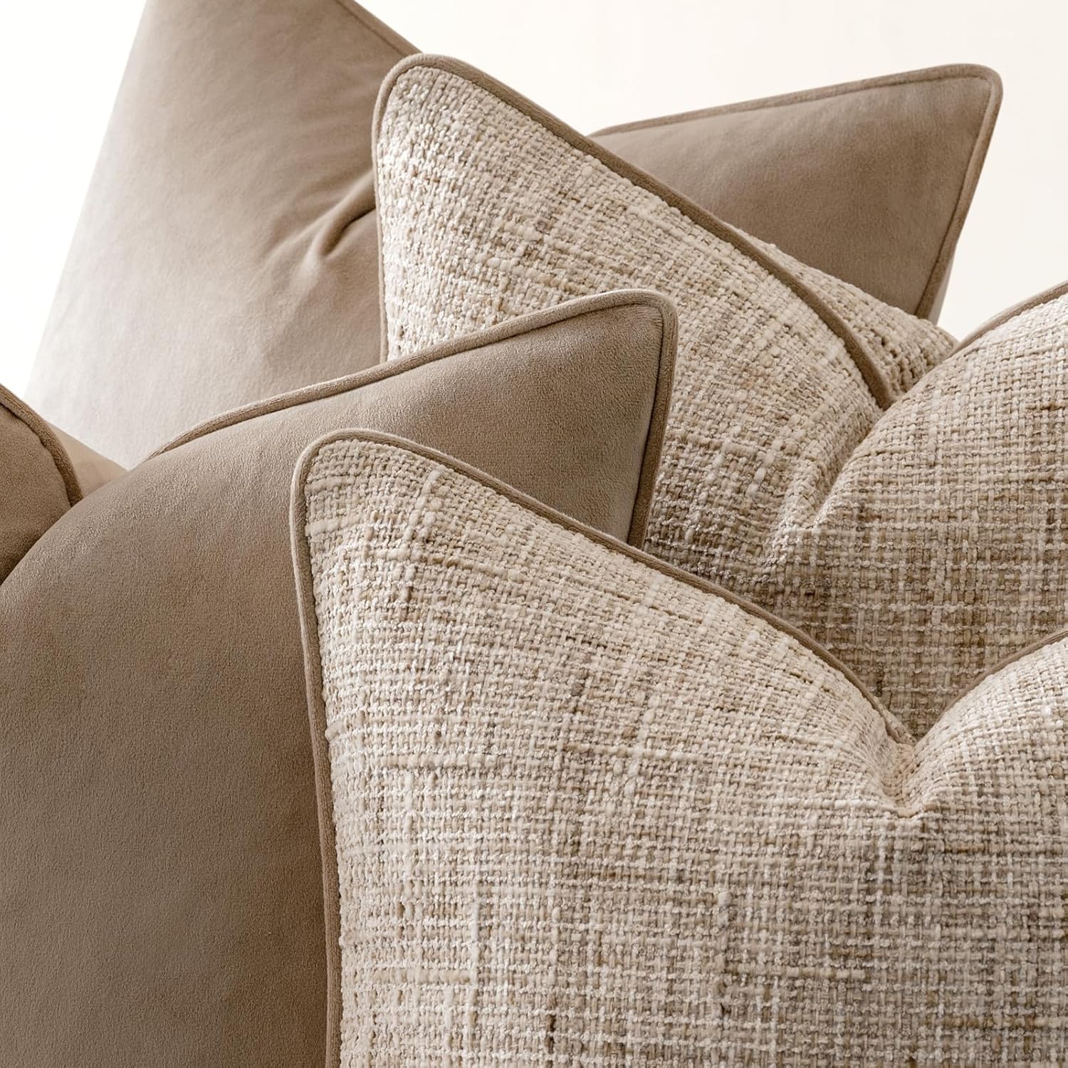 a moment Khaki 4 Pack Throw Pillow Covers - Chenille & Velvet Set with Piping, Farmhouse Textured Design Cushion Cases for Couch Sofa Bed (20x20 Inch, No Insert)