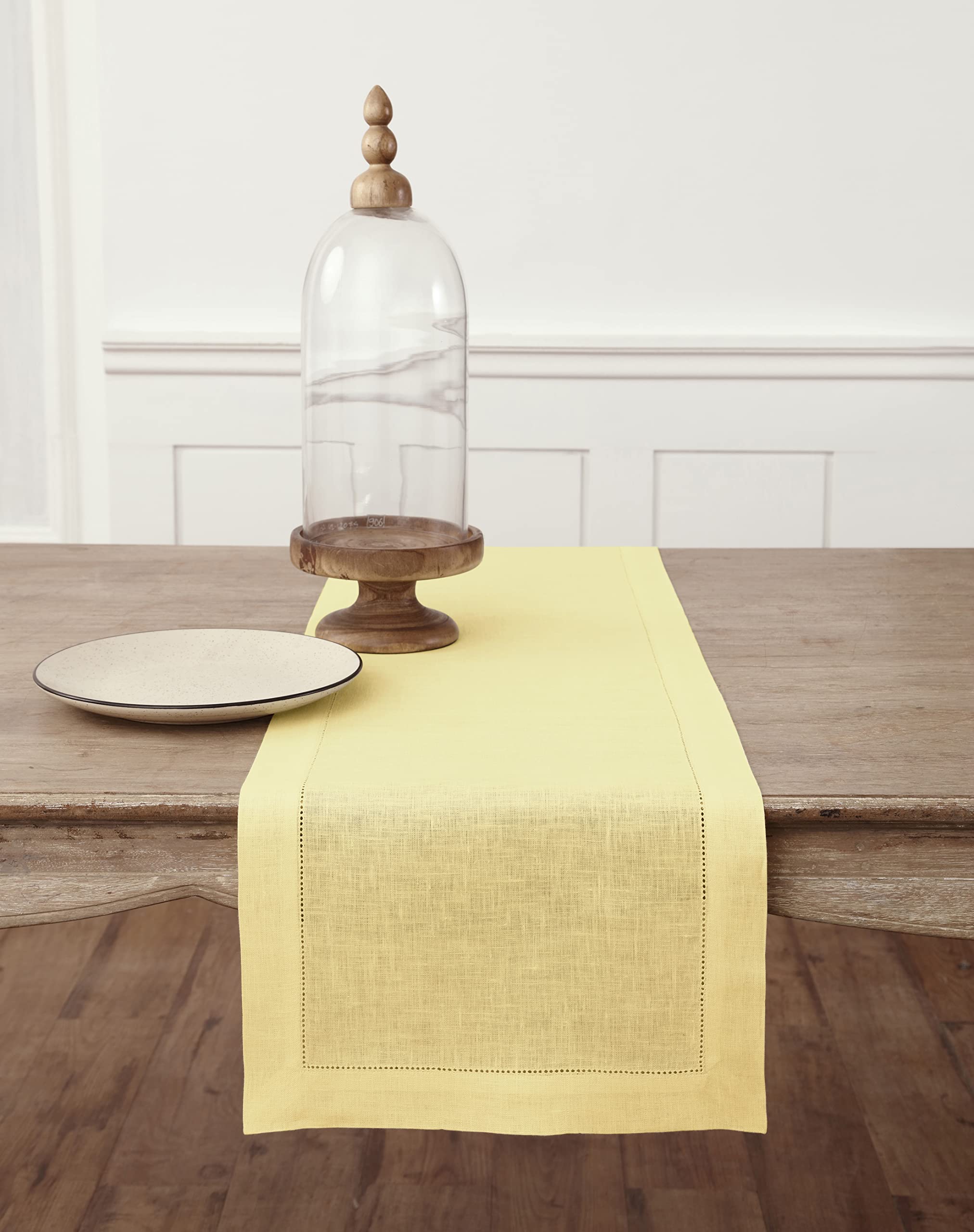Solino Home Linen Light Natural Table Runner 72 Inches Long - 100% Pure Linen Hemstitch Table Runner 14 x 72 Inch for Dresser, Dining, Spring, Summer - Classic Hemstitch