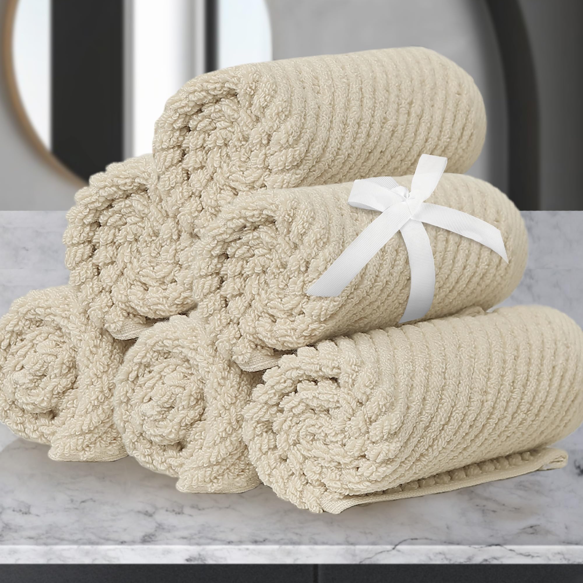 VOOVA & MOVAS Bath Towel Sets - 100% Cotton | Quick Dry | Light Weight | Thick | Soft, Beige Towels Set of 6, 2 Large Bath 30" x 56", 2 Hand 18" x 28", 2 Washcloths 13" x 13", Tan Towel Gift Set