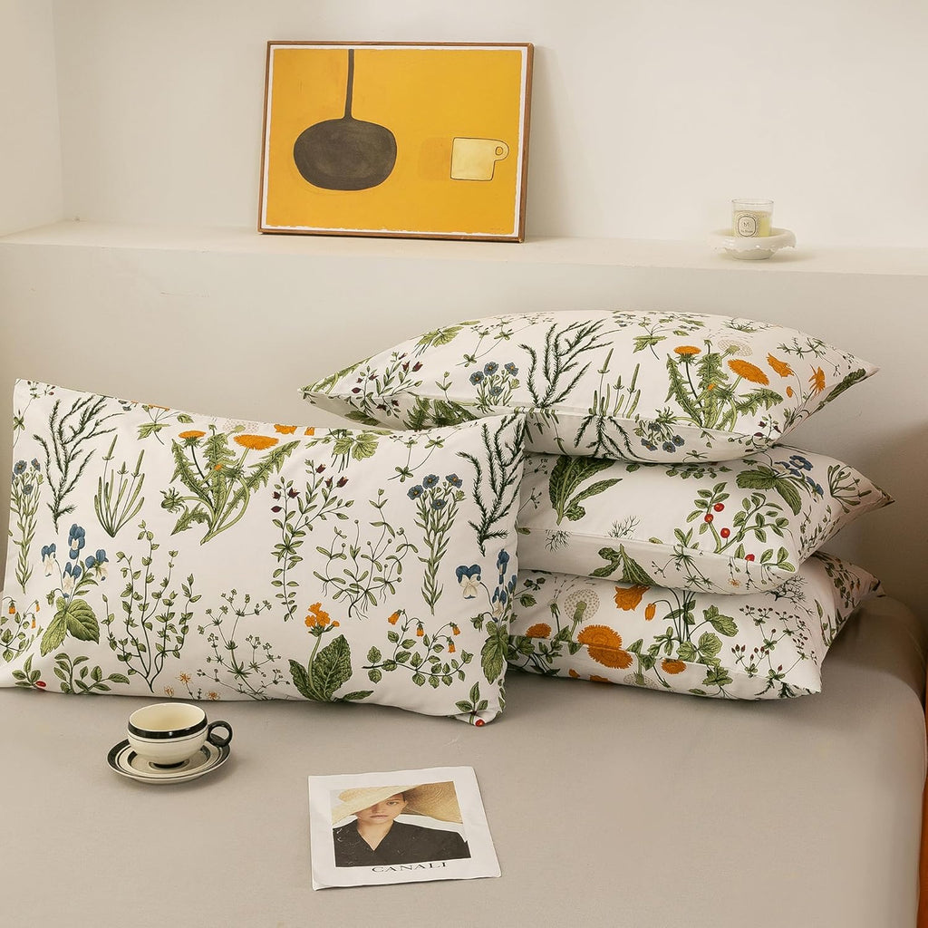 ECOCOTT 100% Cotton Pillowcases Standard Size, Floral Print Pattern Pillow Cover 4 Pack, Super Soft Envelope Closure Standard Pillow Case Set (Standard, 20"x26")
