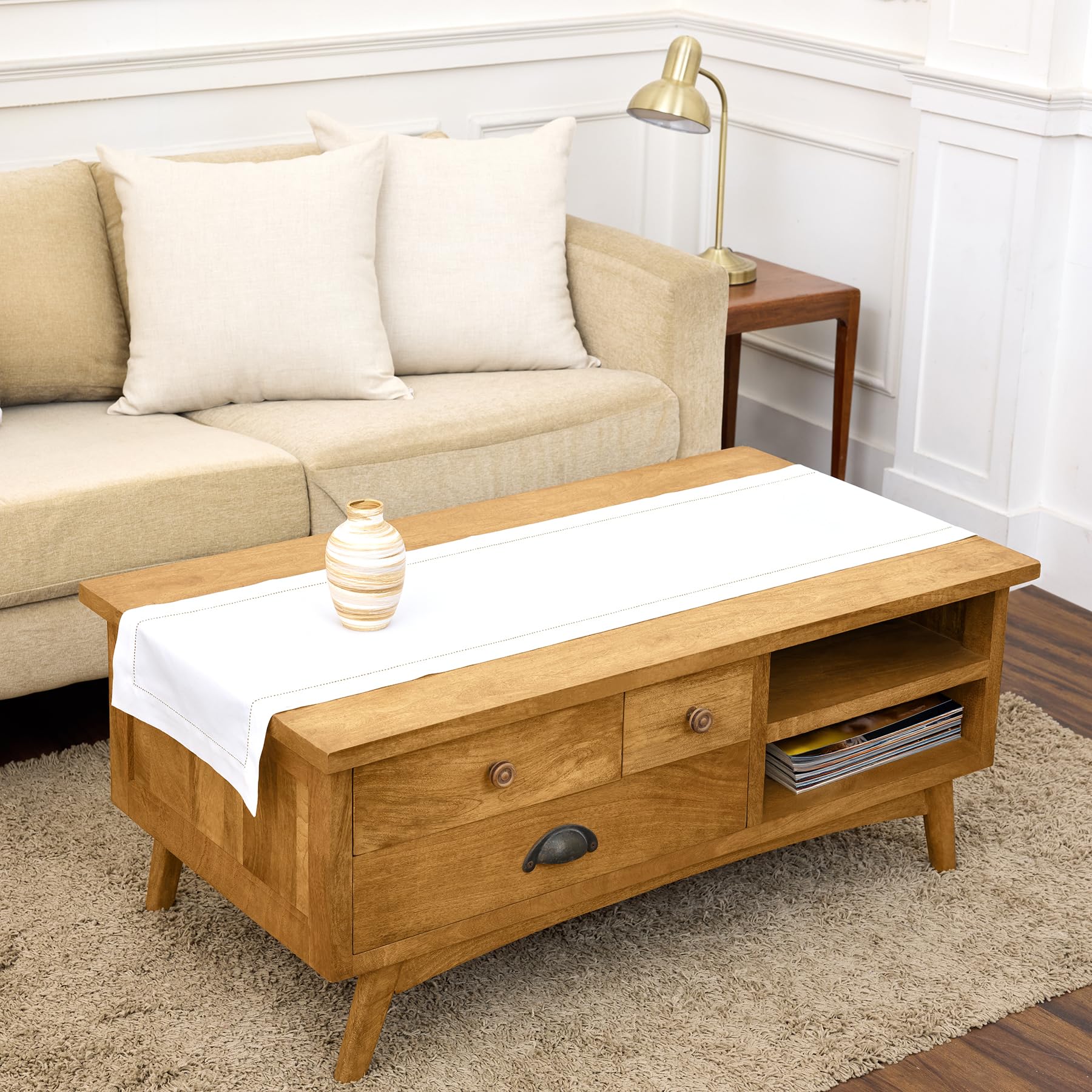 Solino Home Linen Light Natural Table Runner 72 Inches Long - 100% Pure Linen Hemstitch Table Runner 14 x 72 Inch for Dresser, Dining, Spring, Summer - Classic Hemstitch