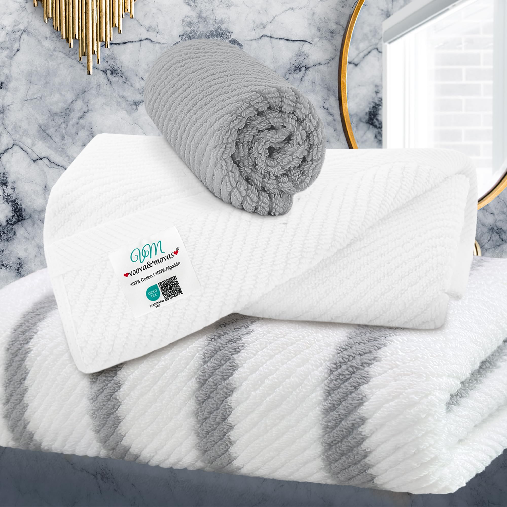 VOOVA & MOVAS Bath Towel Sets - 100% Cotton | Quick Dry | Light Weight | Thick | Soft, Beige Towels Set of 6, 2 Large Bath 30" x 56", 2 Hand 18" x 28", 2 Washcloths 13" x 13", Tan Towel Gift Set