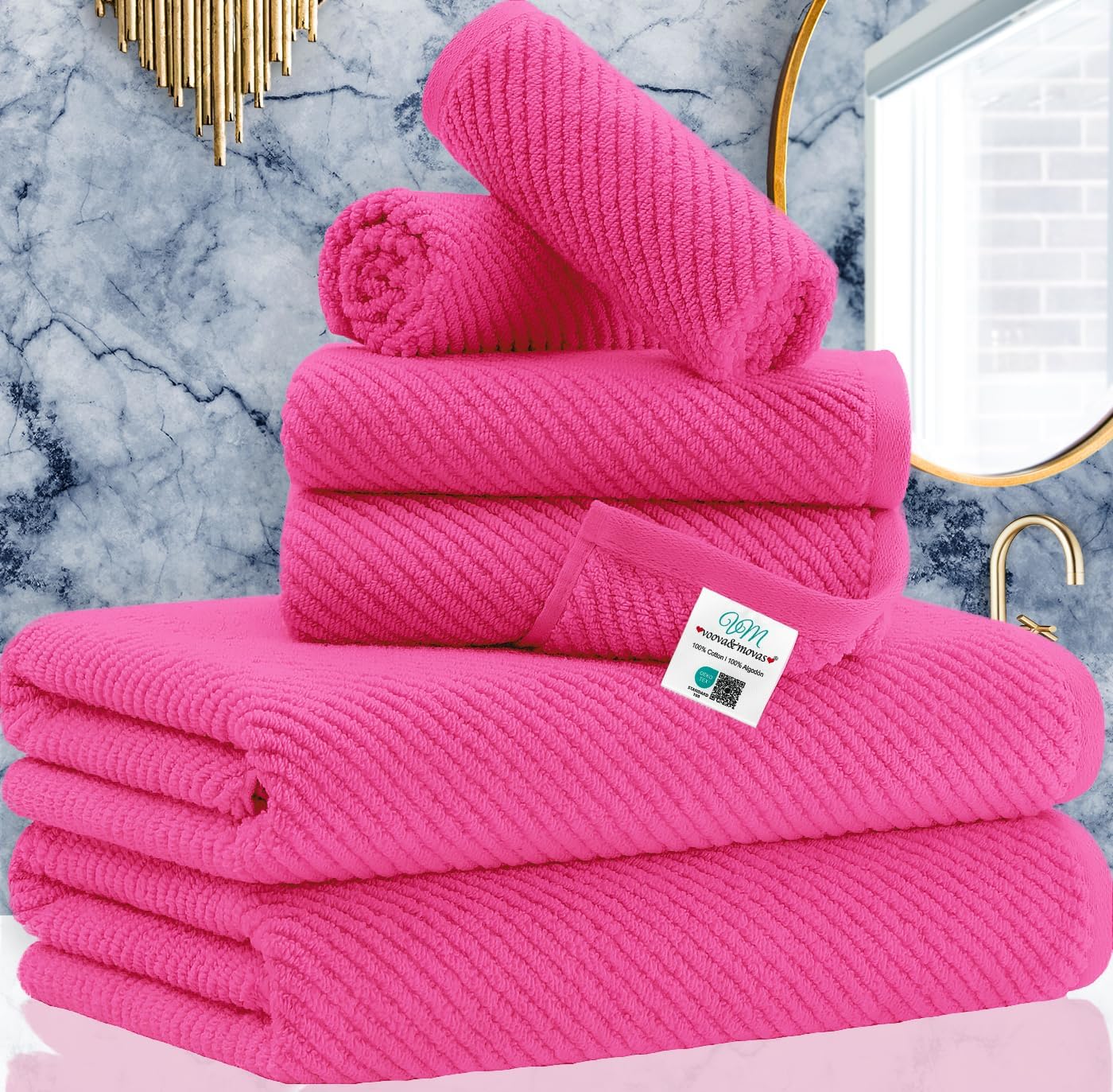 VOOVA & MOVAS Bath Towel Sets - 100% Cotton | Quick Dry | Light Weight | Thick | Soft, Beige Towels Set of 6, 2 Large Bath 30" x 56", 2 Hand 18" x 28", 2 Washcloths 13" x 13", Tan Towel Gift Set