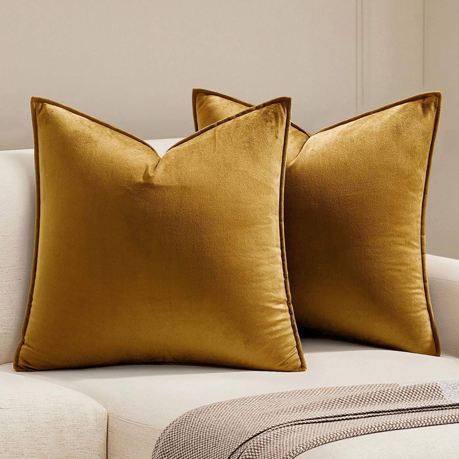 MIULEE Dark Coffee Velvet Throw Pillow Covers 24x24 Taupe Neutral Soft Decorative Solid Square Euro Sham Cushion Cases Pack of 2 Modern Luxury Home Decor for Couch, Sofa, Bedroom