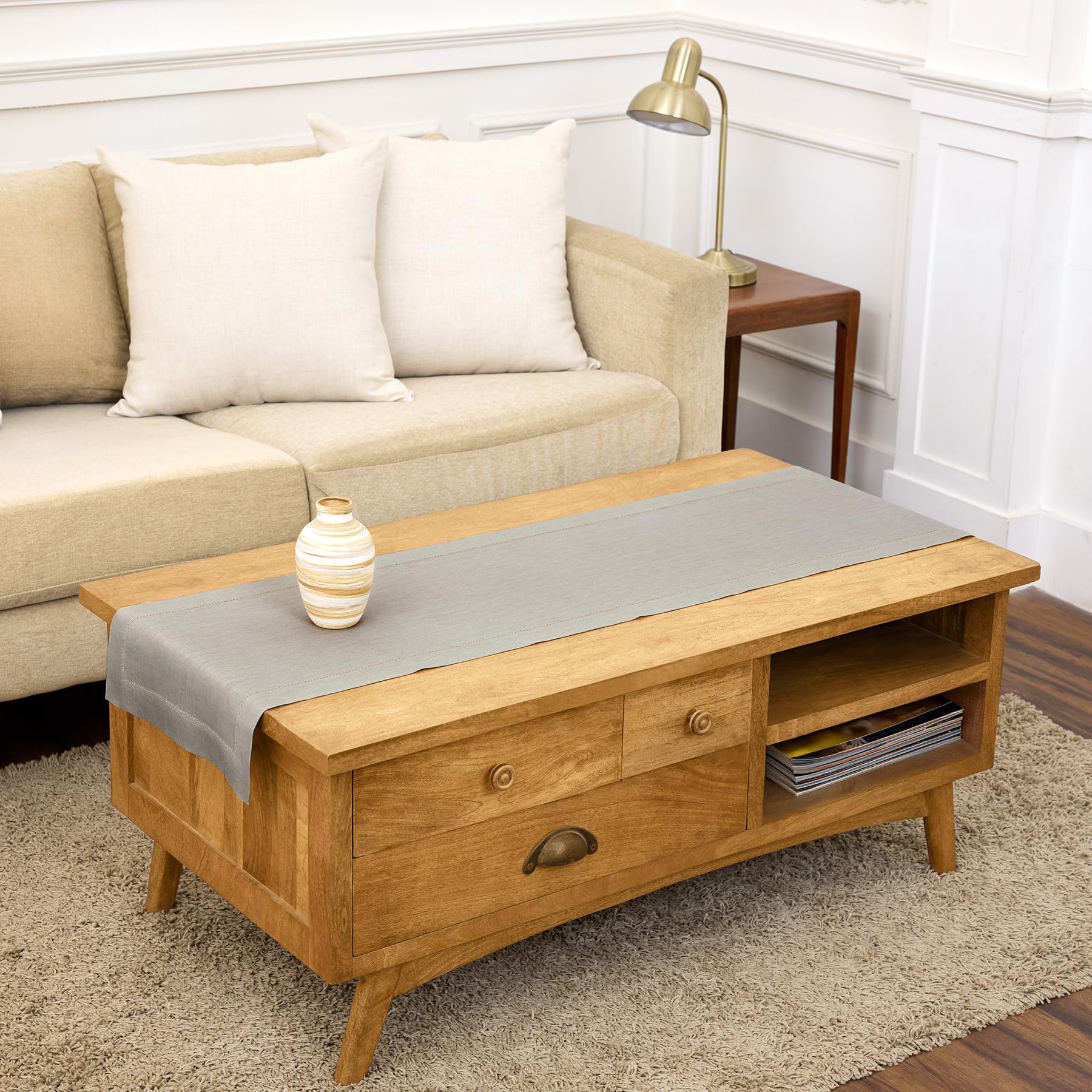 Solino Home Linen Light Natural Table Runner 72 Inches Long - 100% Pure Linen Hemstitch Table Runner 14 x 72 Inch for Dresser, Dining, Spring, Summer - Classic Hemstitch
