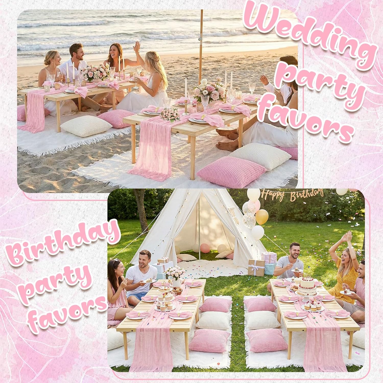Beeveer 91 x 71 Extra Large Outdoor Boho Picnic Blanket with Pink Table Runner, 12 Throw Pillow Covers 12 Napkins Woven Cotton Yarn Oversize Beach Blanket Washable Picnic Camp Wedding