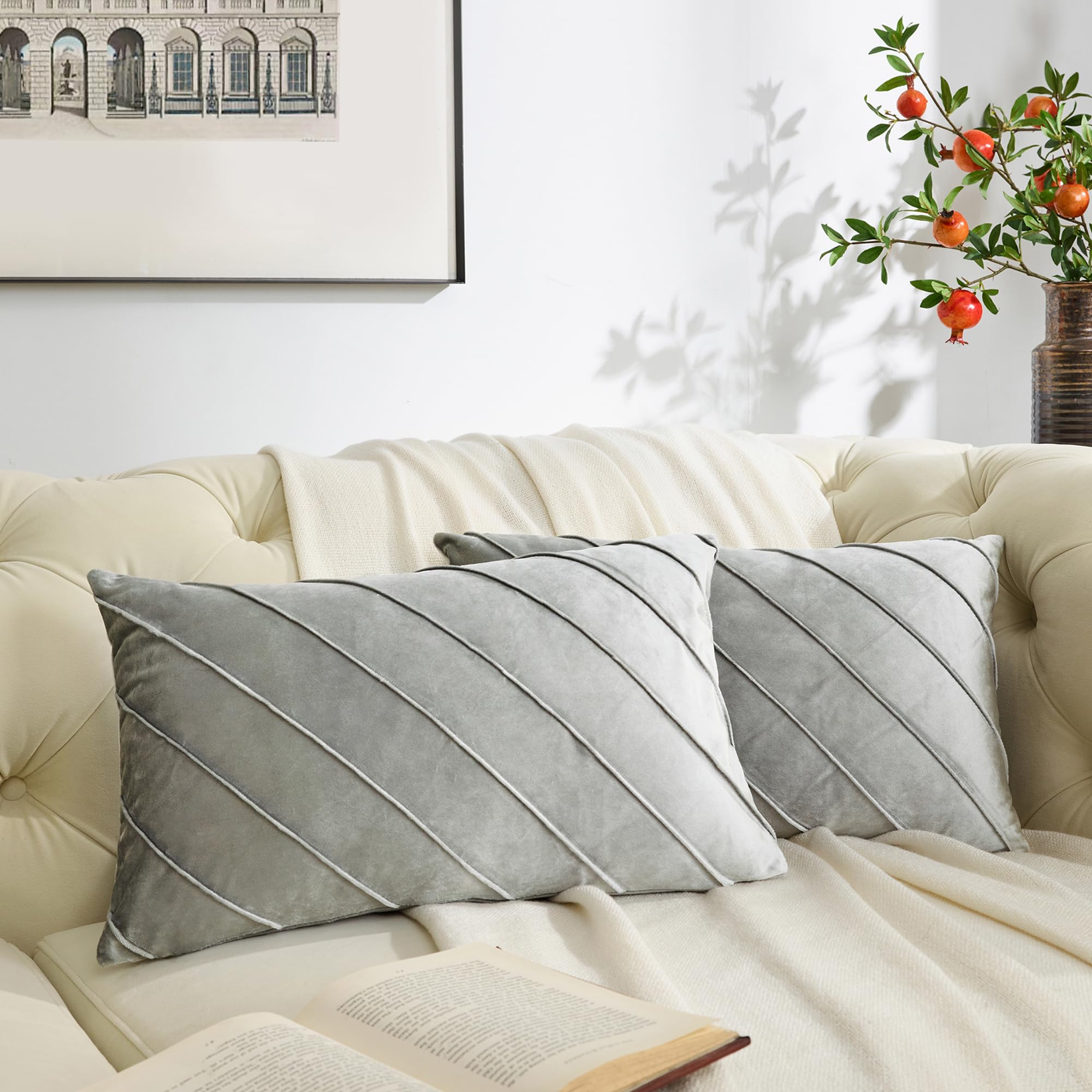 GIGIZAZA Decorative Velvet Pillow Covers 18x18, Set of 2 Gold Sofa Couch Throw Pillows Covers Cases, Living Room Square Cushion Accent Stripe Covers