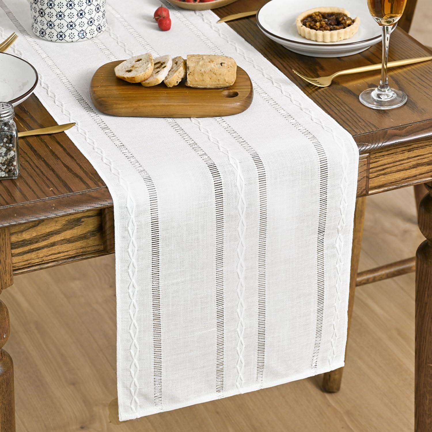 Artoid Mode Blue Rustic Cotton Linen Table Runner, Seasonal Embroidered Hollow Kitchen Dining Table Decoration for Home Party Decor 13x72 Inch