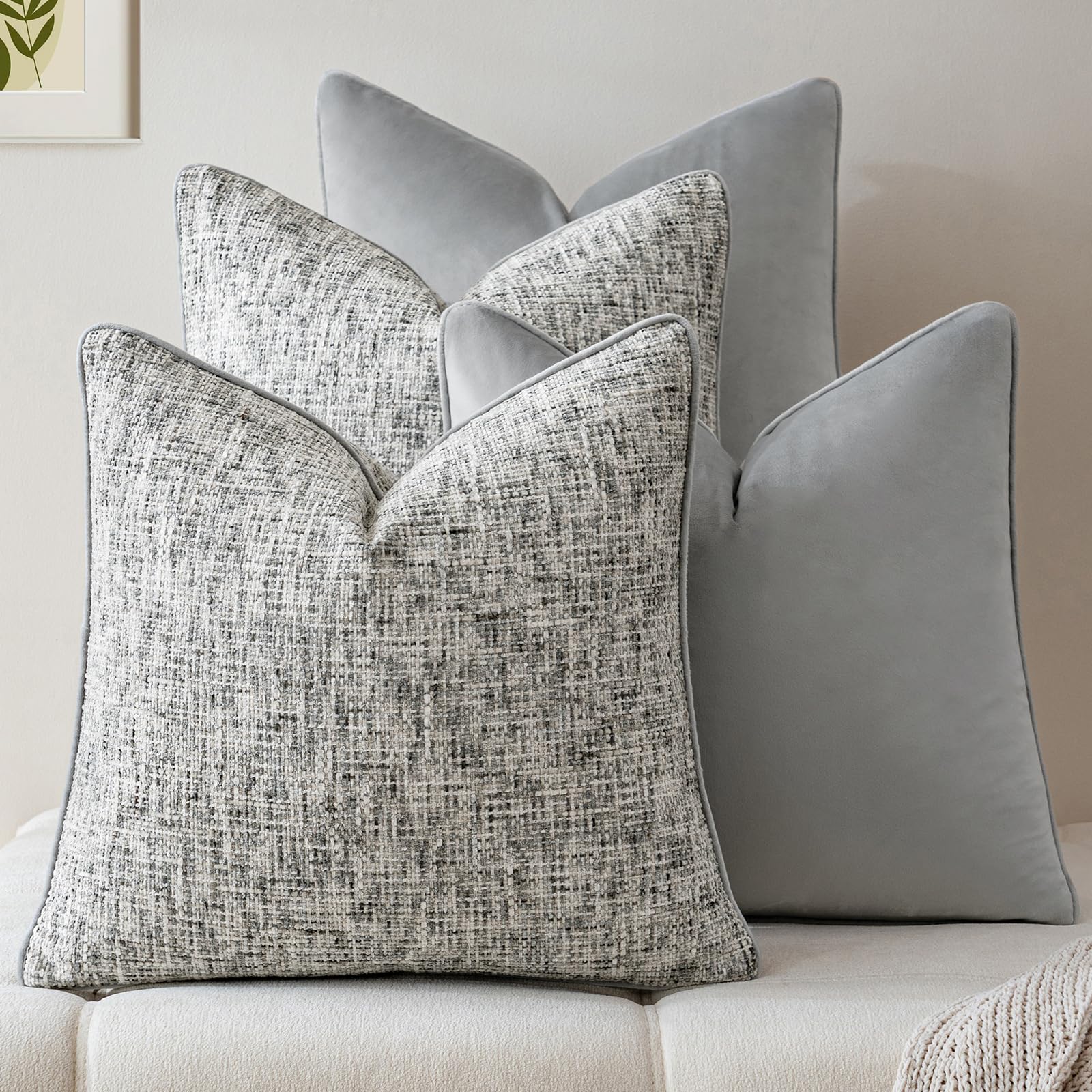 a moment Khaki 4 Pack Throw Pillow Covers - Chenille & Velvet Set with Piping, Farmhouse Textured Design Cushion Cases for Couch Sofa Bed (20x20 Inch, No Insert)