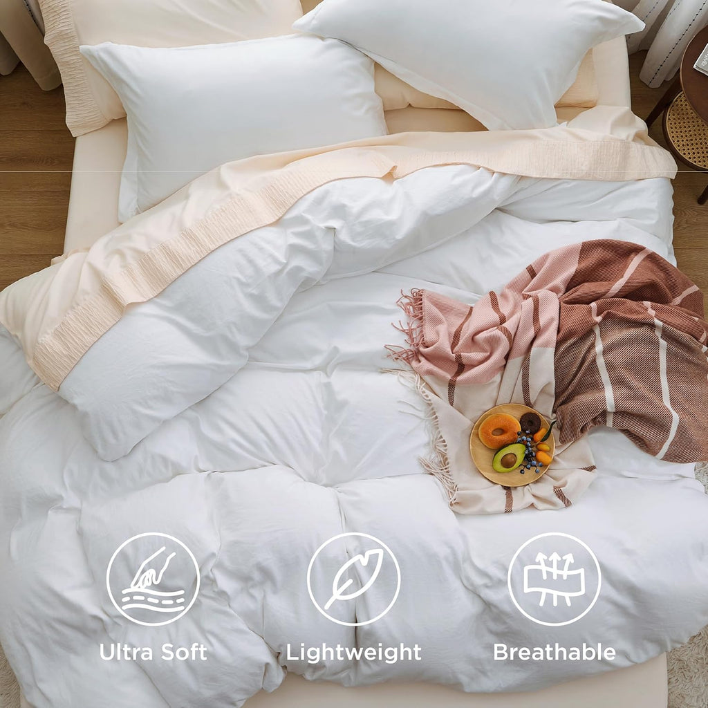Bedsure White Duvet Cover Queen Size - 3 Pieces Prewashed Cotton-Like Polyester Extra Soft Bedding Set, Includes 1 Duvet Cover 90x90 Inches with Zipper Closure & 2 Pillow Shams, Comforter Not Included