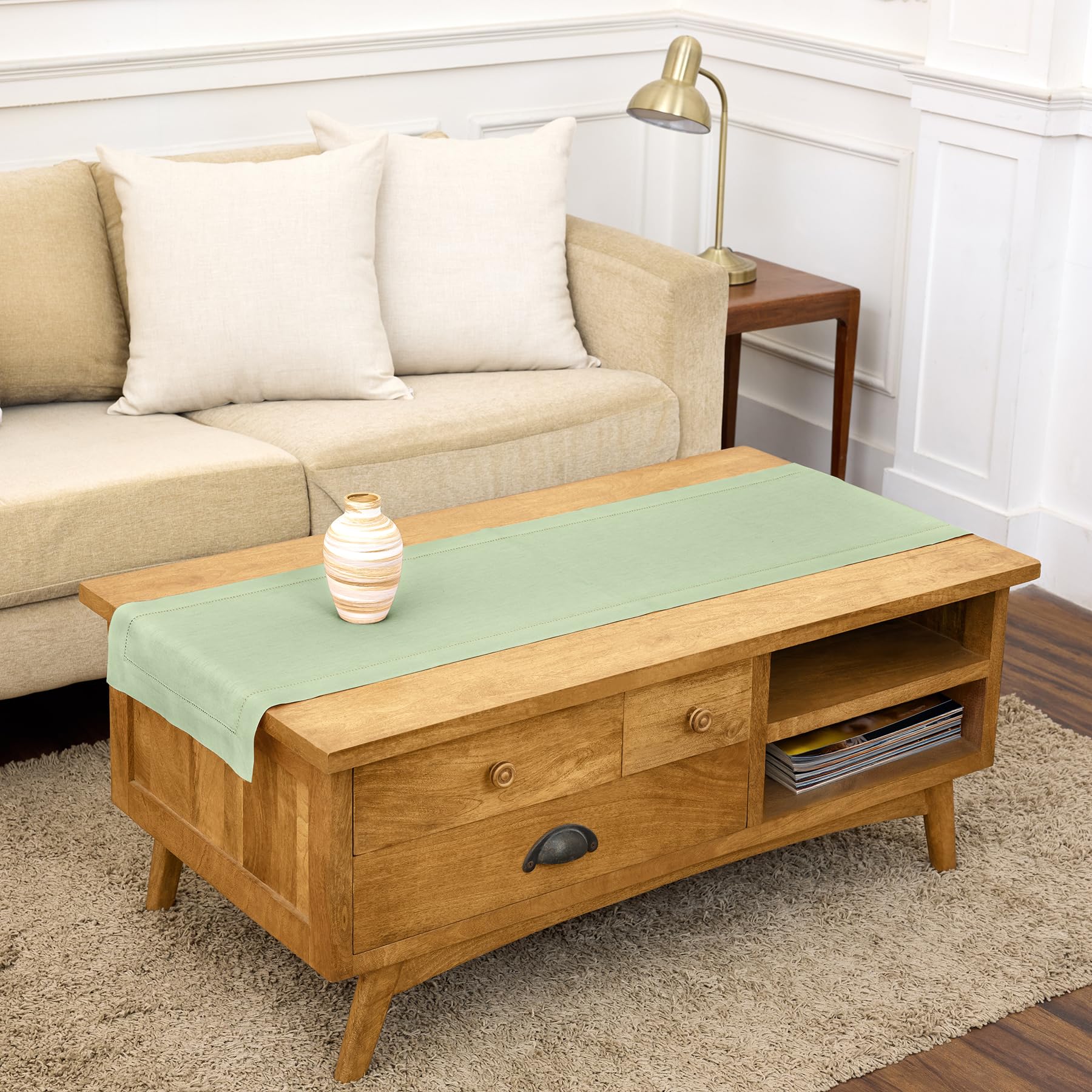 Solino Home Linen Light Natural Table Runner 72 Inches Long - 100% Pure Linen Hemstitch Table Runner 14 x 72 Inch for Dresser, Dining, Spring, Summer - Classic Hemstitch