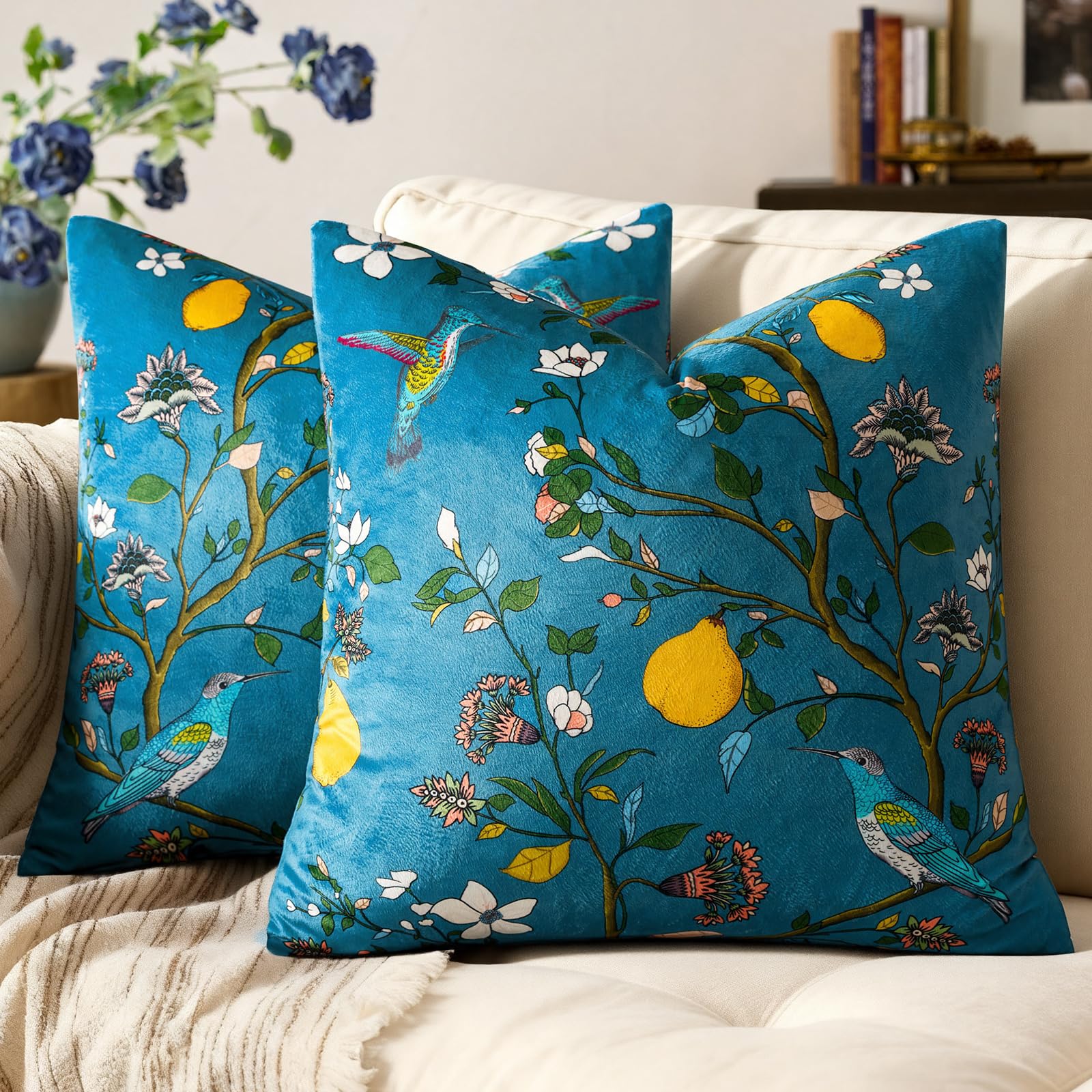 Mustard Yellow Velvet Throw Pillow Covers 20x20 Pack of 2, Vintage Floral Pillow Covers, Mid Century Flower Plant Cushion Covers for Sofa Living Room Home Decor