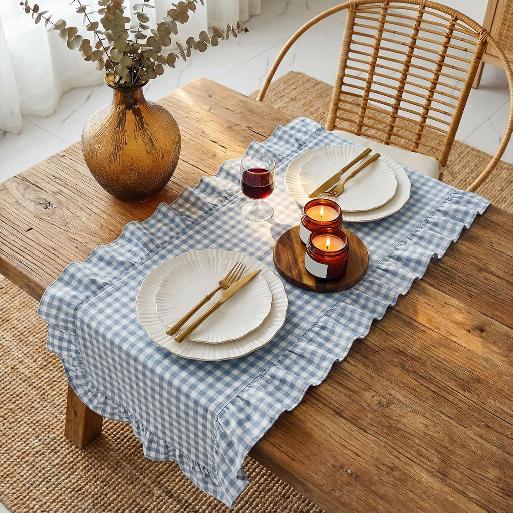 HunnmingRe 1 Pcs Blue Plaid Gingham Ruffle Table Runner 118 x 13.8'' Farmhouse Table Runner 100% Cotton Scalloped Long Dresser Scarves for Dining Room, Wedding, Kitchen Rustic Home Decor